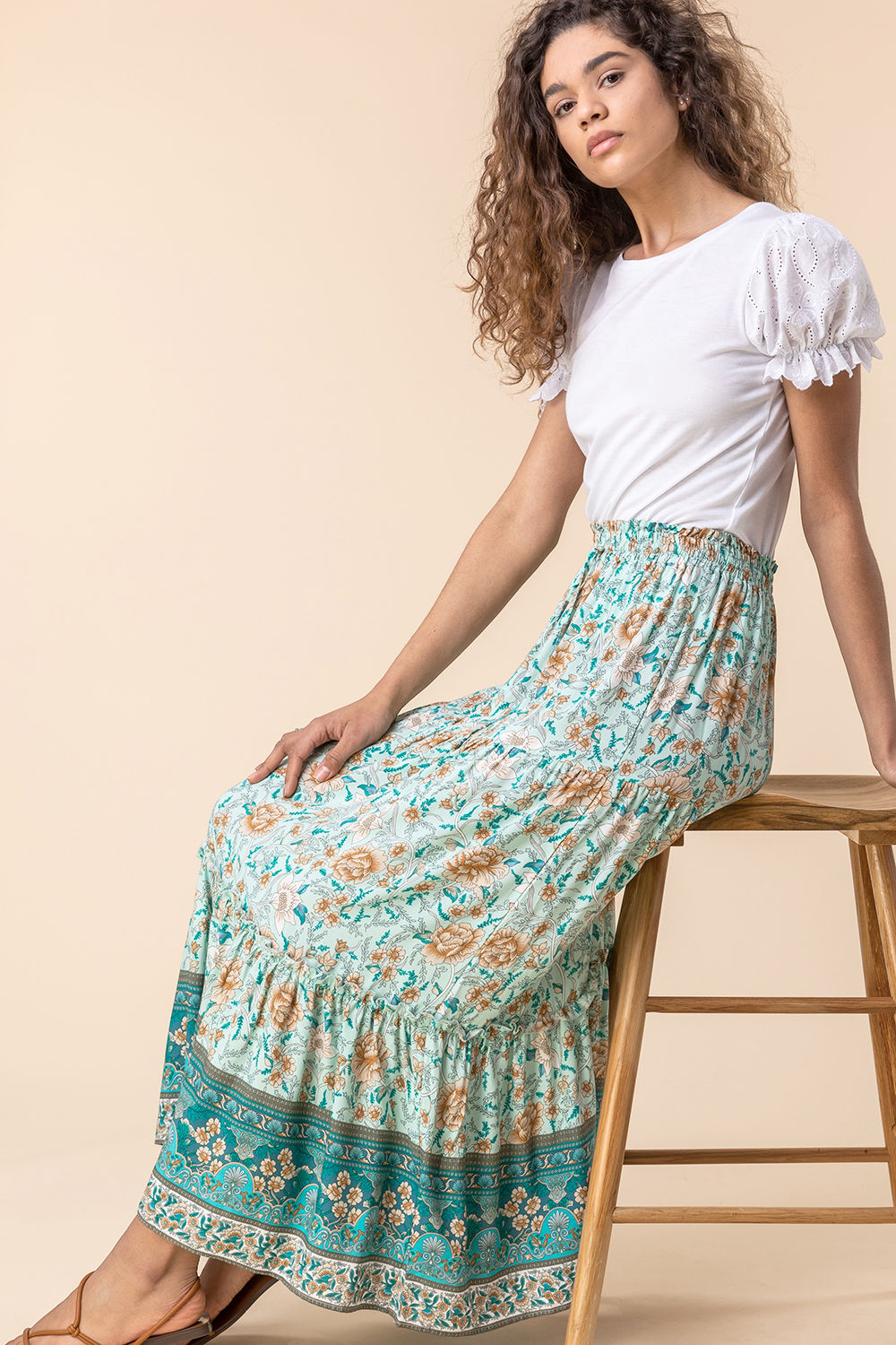 Tiered Floral Print Maxi Skirt in Mint - Roman Originals UK
