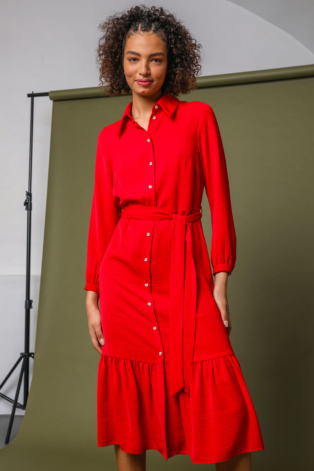 Red Tiered Midi Length Shirt Dress, Image 3 of 5