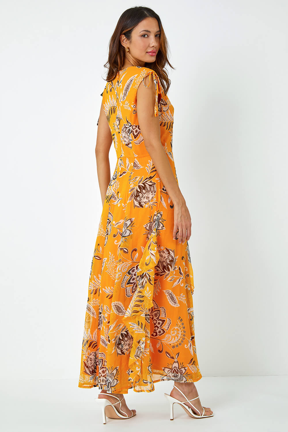 Yellow Sleeveless Floral Frill Maxi Dress, Image 3 of 5