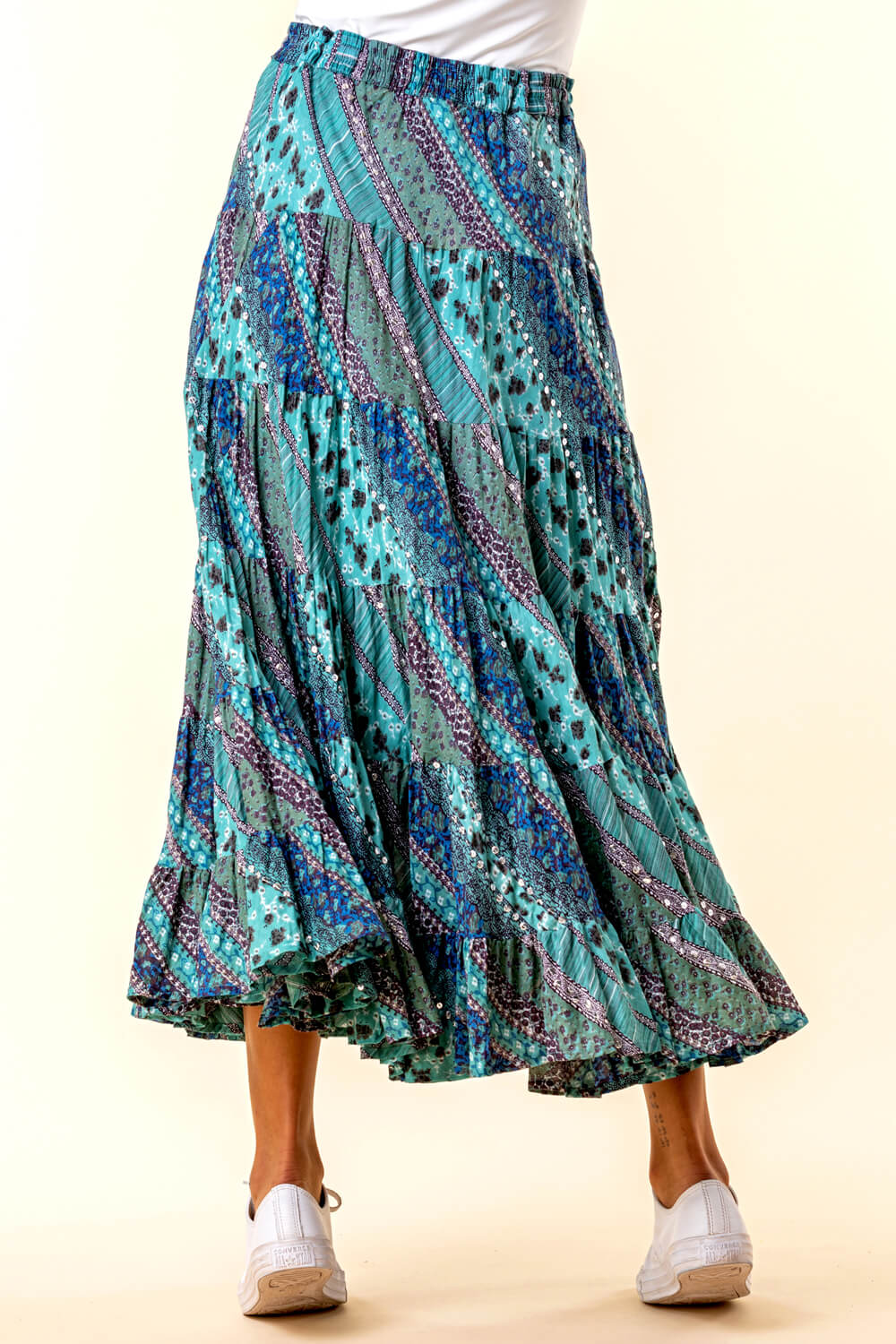Turquoise Paisley Print Sequin Embellished Skirt, Image 2 of 4