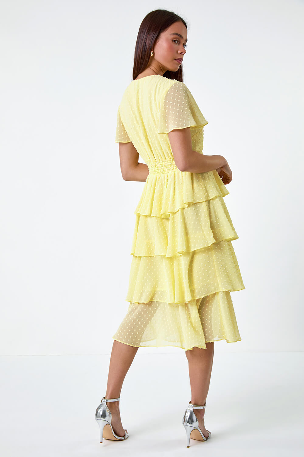 Lemon  Petite Textured Spot Tiered Midi Dress, Image 3 of 5