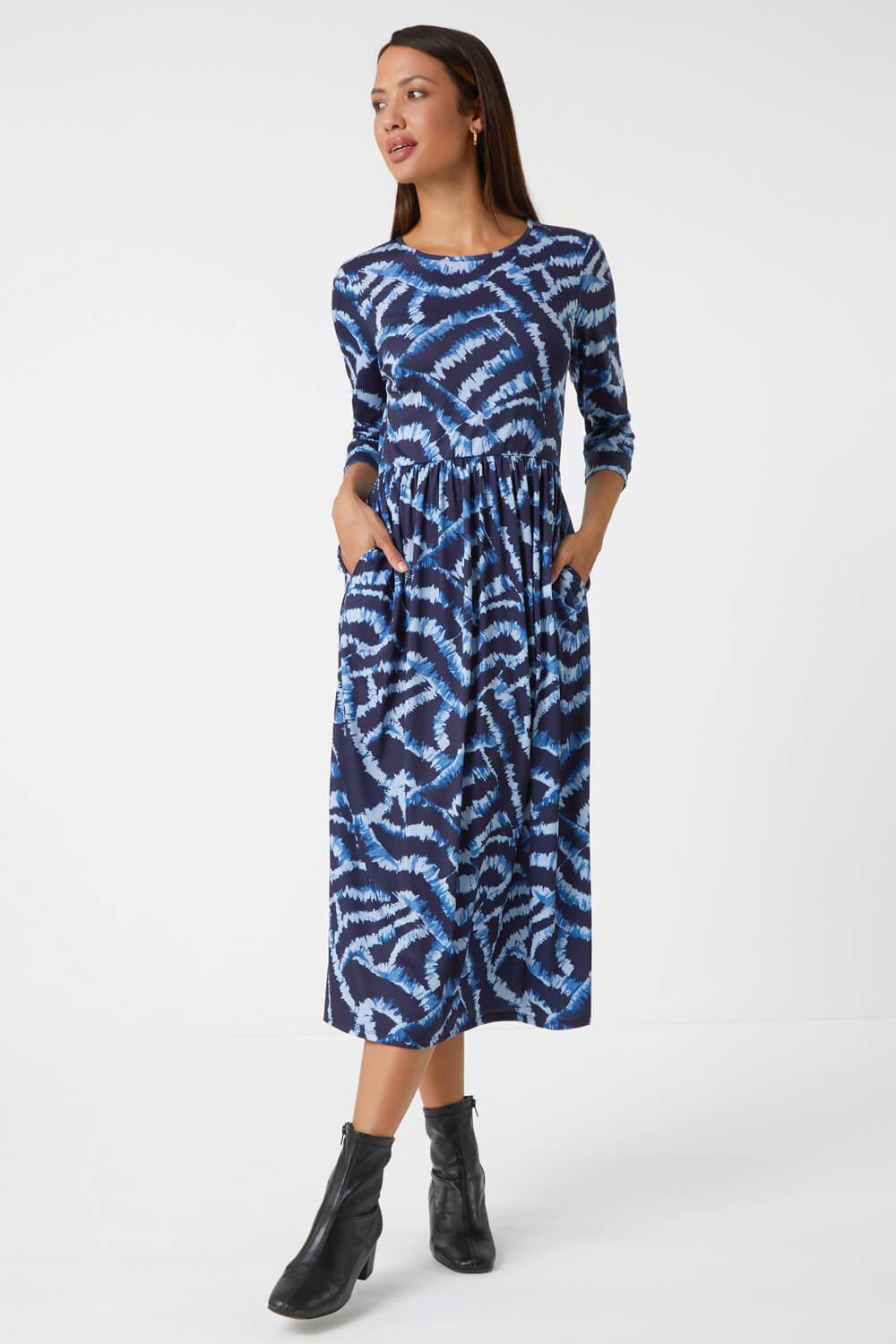 Blue Abstract Pocket Detail Midi Stretch Dress, Image 2 of 5
