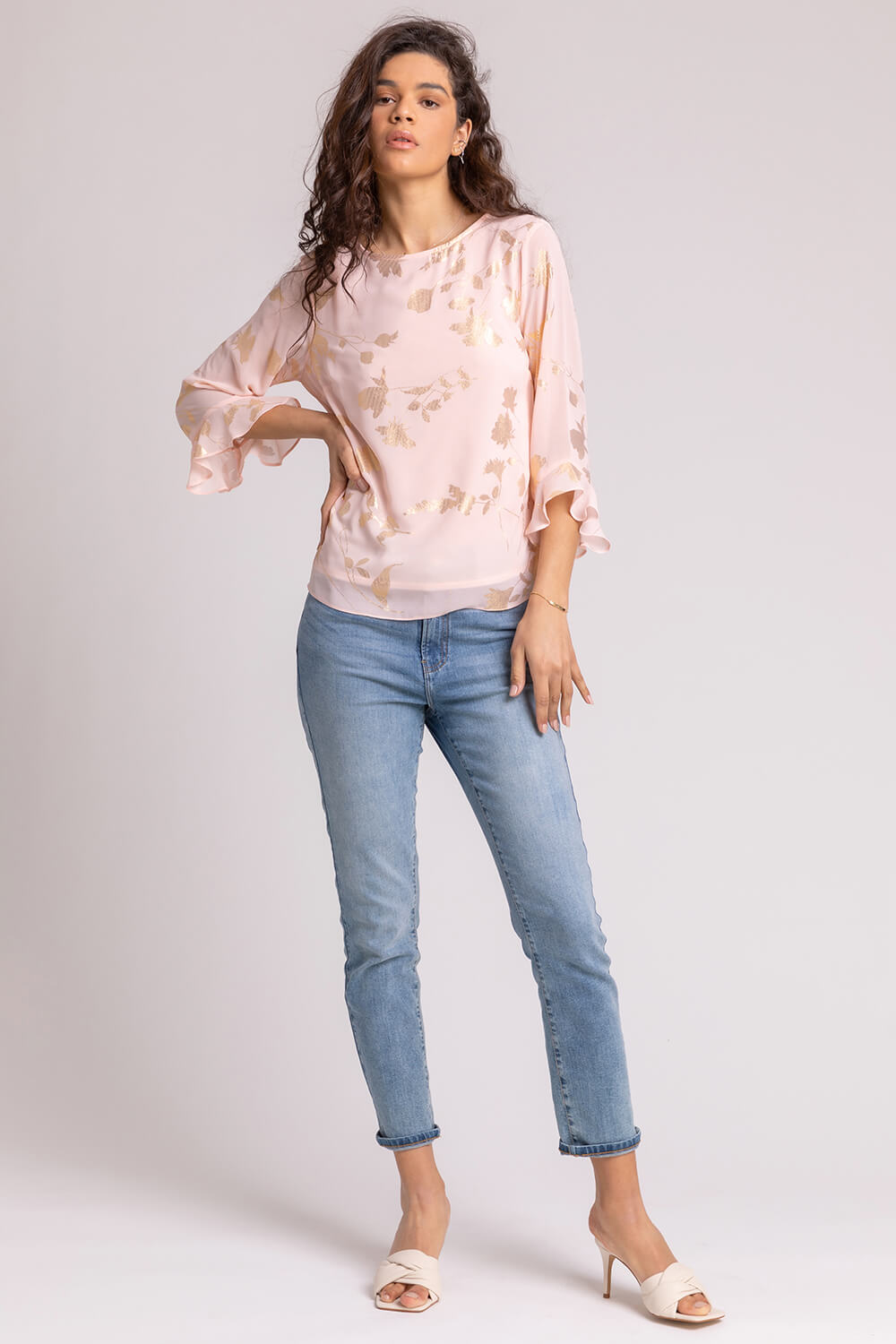PINK Floral Foil Chiffon Flared Sleeve Top, Image 3 of 4