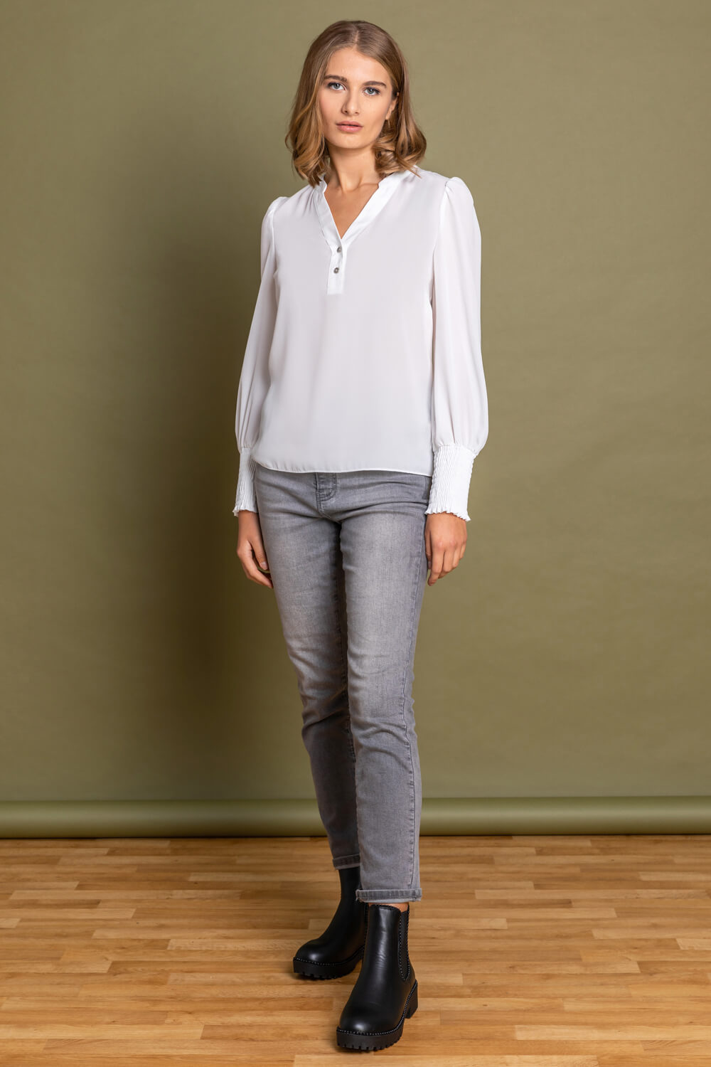 Ivory  Plain Buttoned Shirred Cuff Top, Image 3 of 4