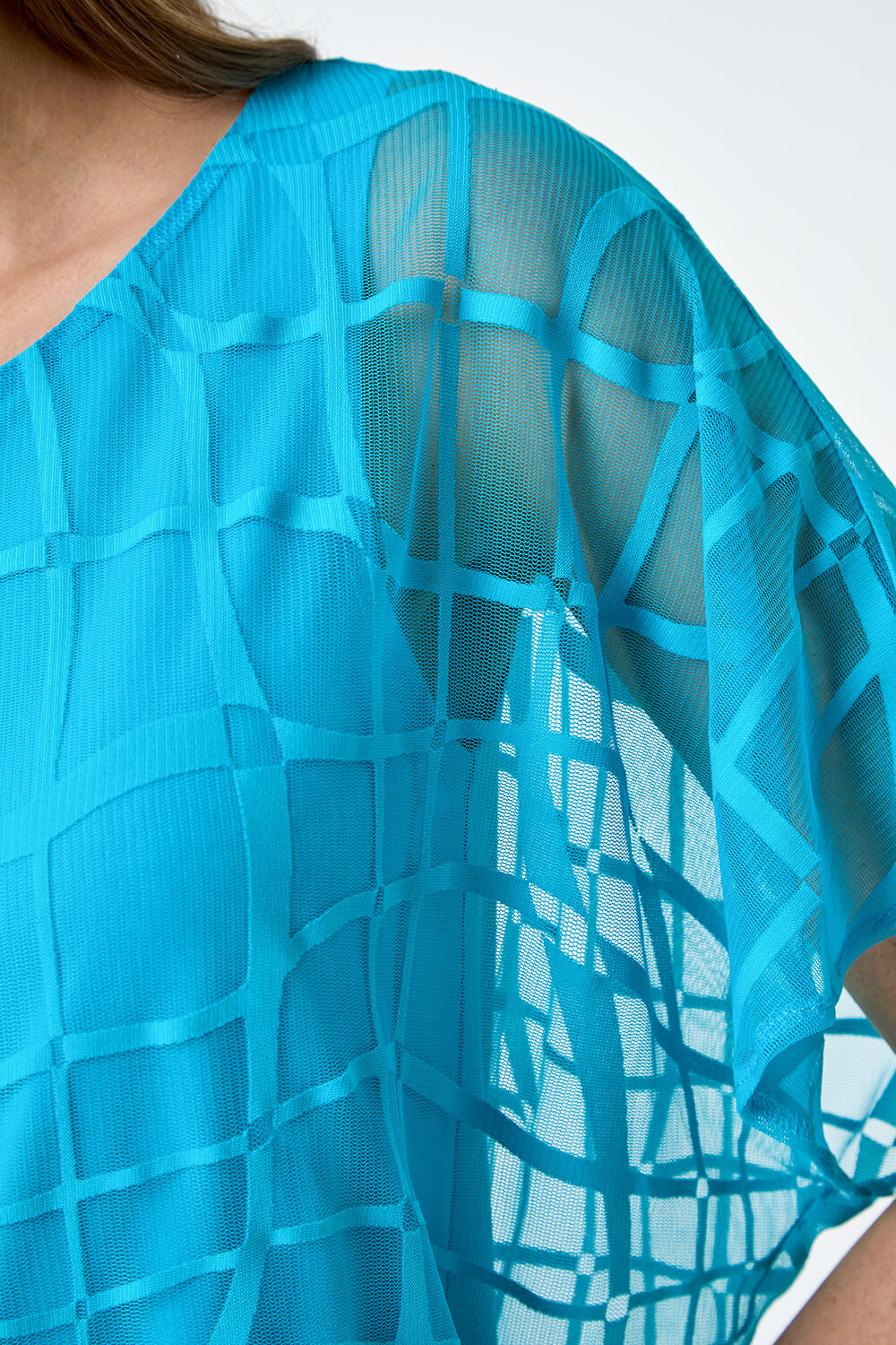 Turquoise Abstract Check Print Blouson Top, Image 5 of 5