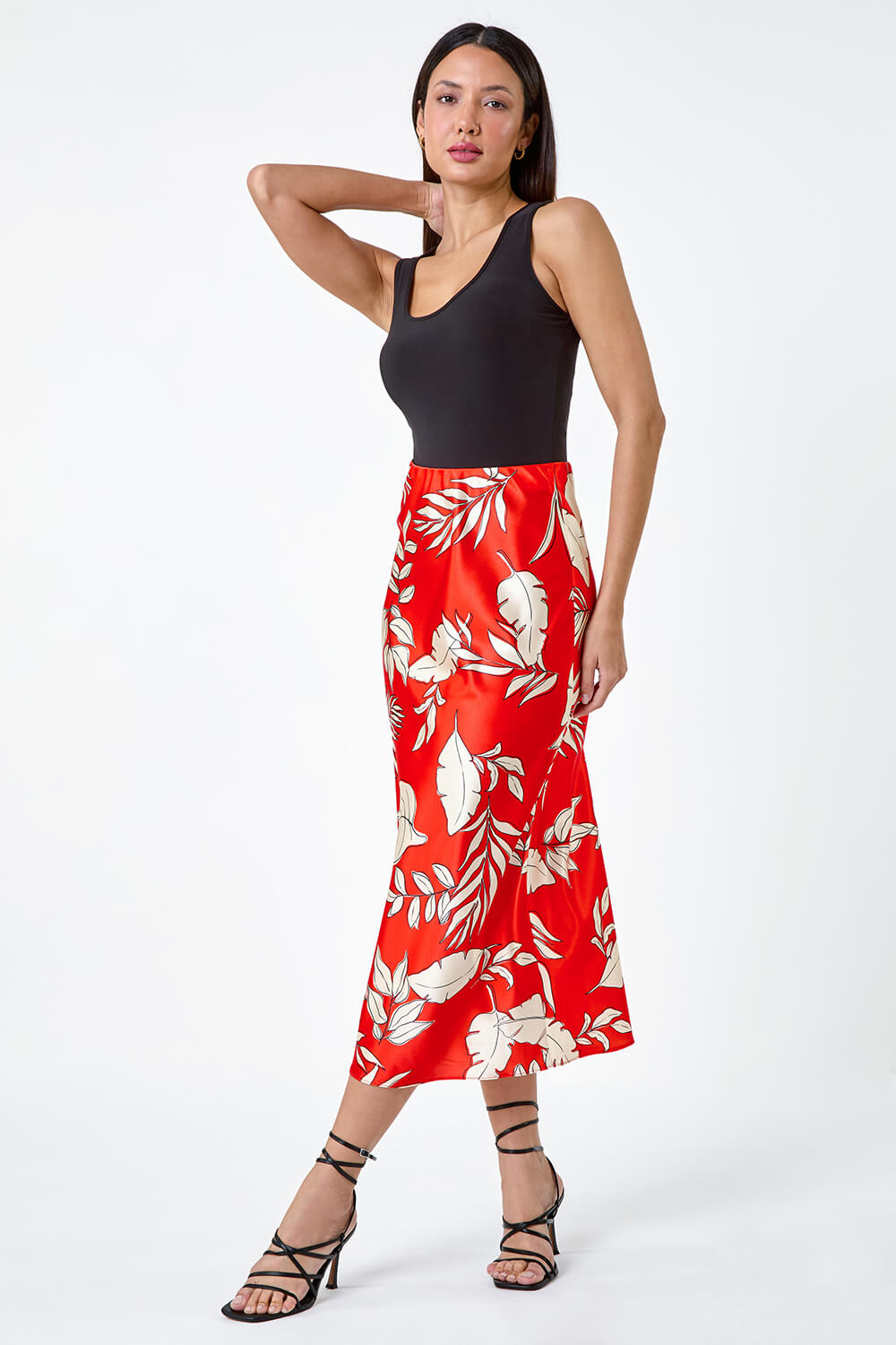 ORANGE Floral Print Satin Midi Skirt, Image 2 of 5