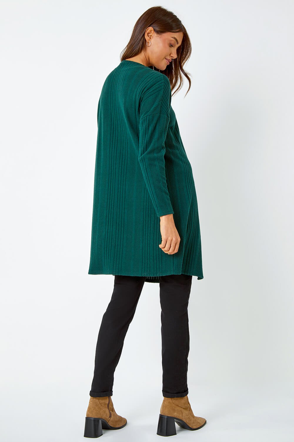 Green Ribbed Longline Stretch Knit Cardigan, Image 3 of 5