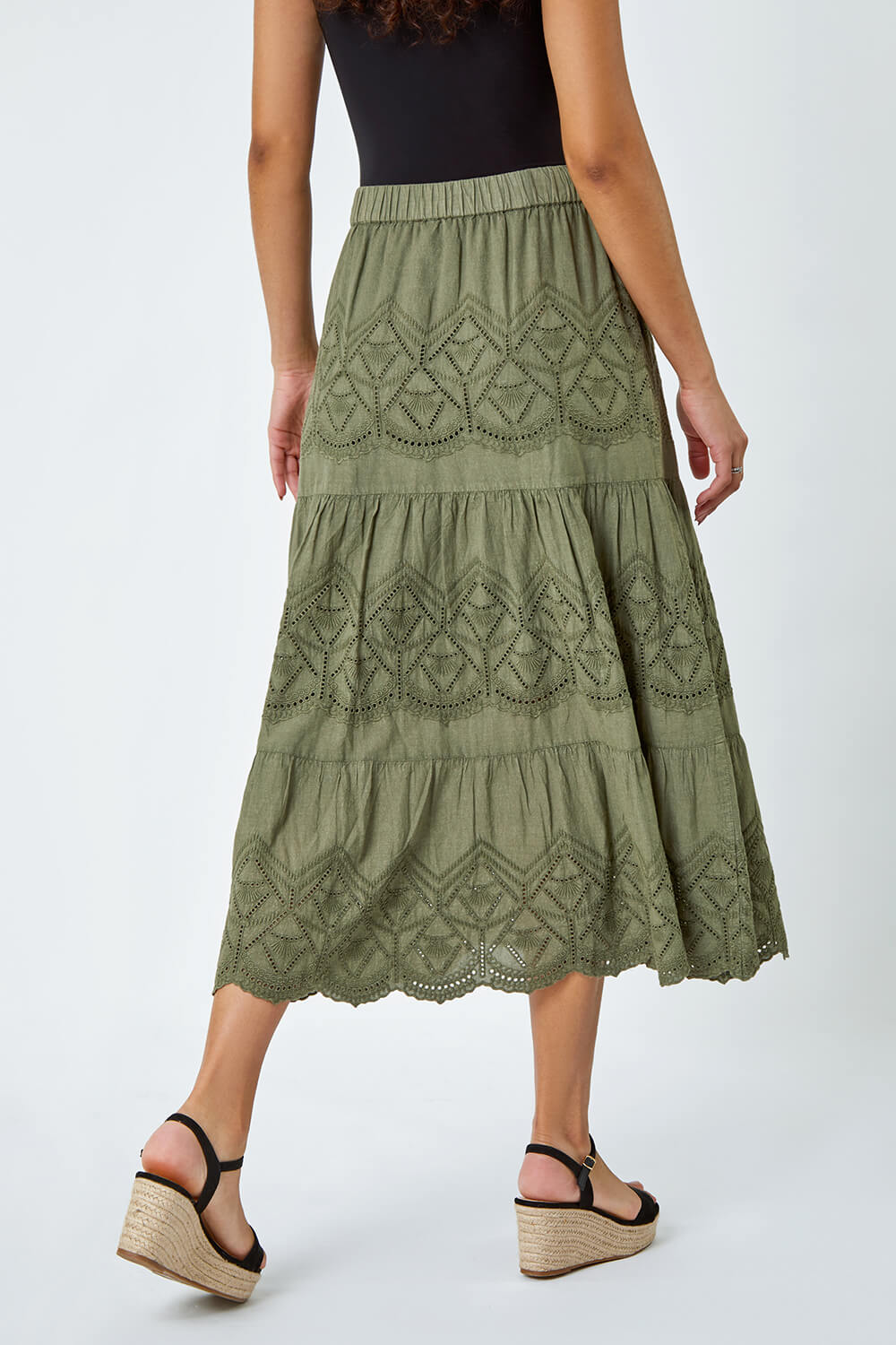 KHAKI Broderie Elastic Waist A Line Tiered Midi Skirt, Image 3 of 5