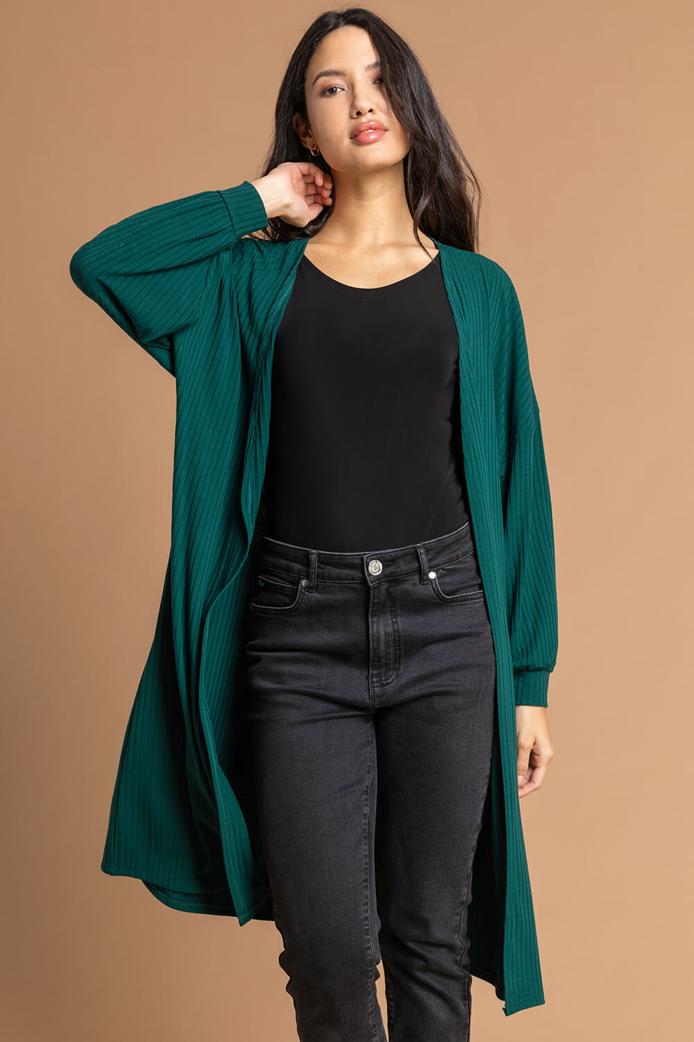 Forest  Longline Ribbed Texture Cardigan, Image 5 of 5