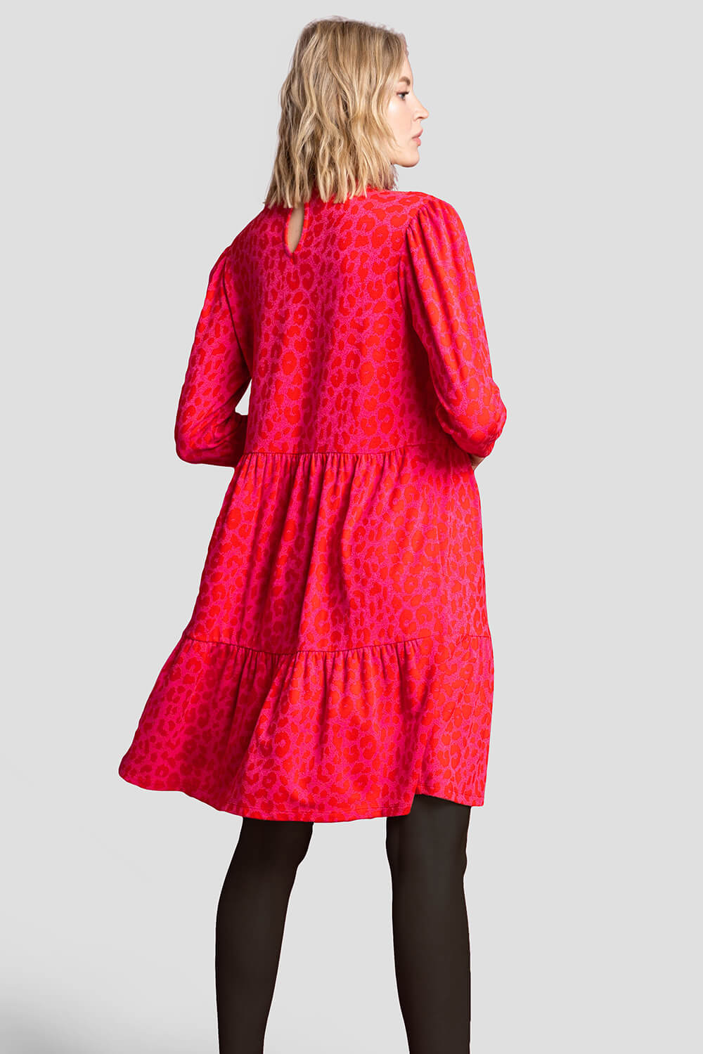 Red Jacquard Leopard Print Tiered Dress, Image 2 of 5