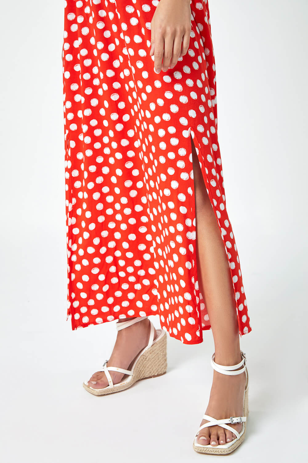 Red Petite Polka Dot Bardot Midi Dress, Image 5 of 5