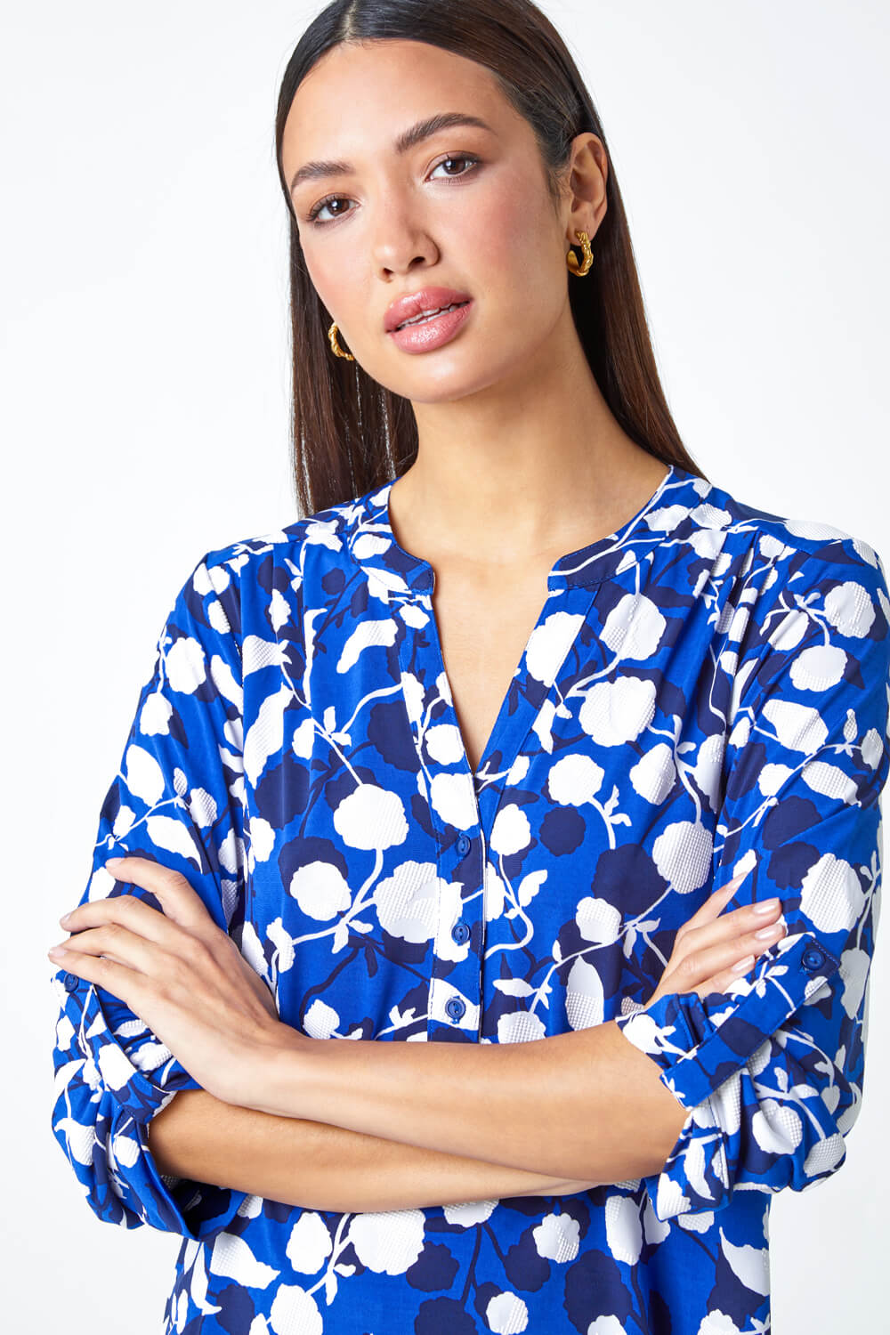 Royal Blue Textured Floral Print Stretch Shirt, Image 4 of 5