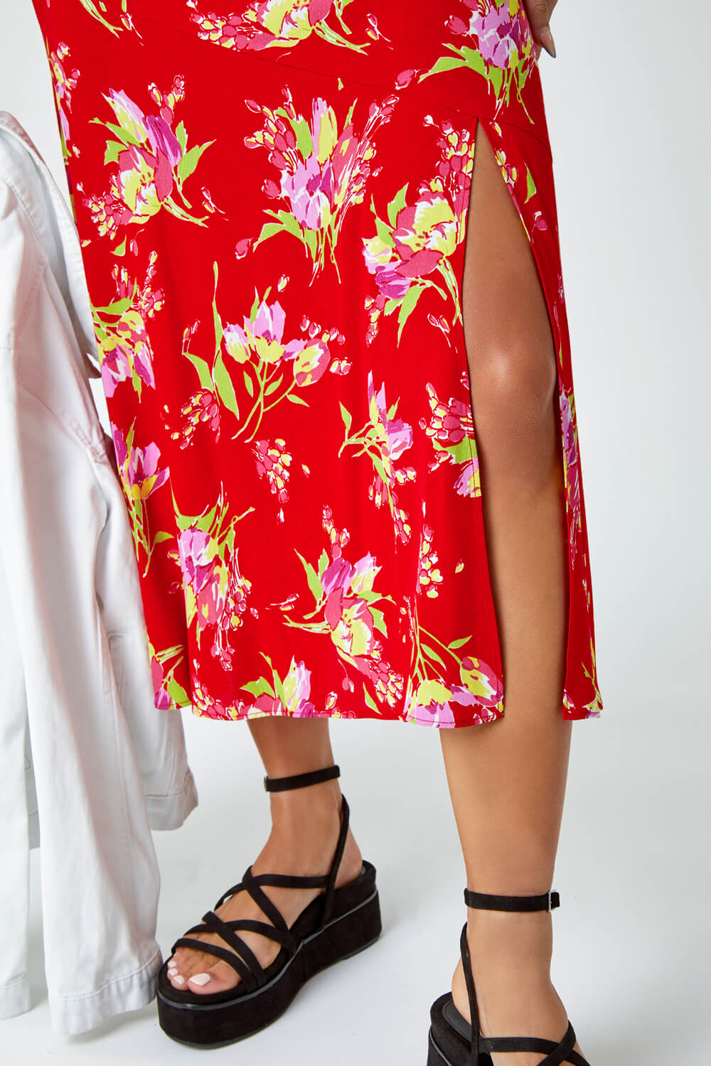 Red Floral Asymmetric Frill Midi Skirt, Image 5 of 5