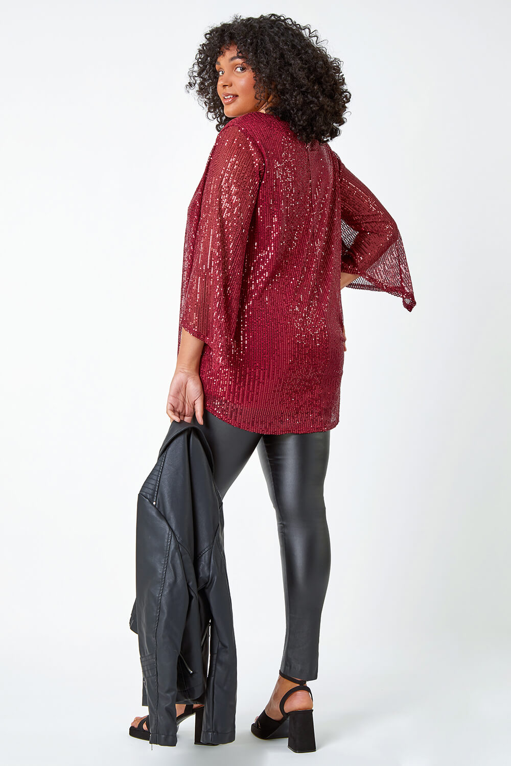 Red Curve Sheer Sleeve Sequin Top, Image 2 of 5