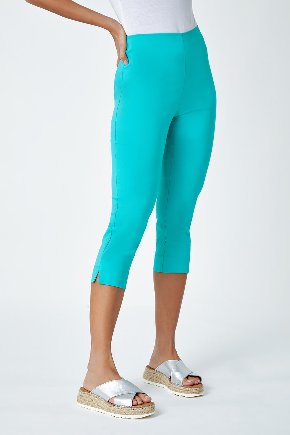 Teal Cropped Stretch Trouser, Image 4 of 5