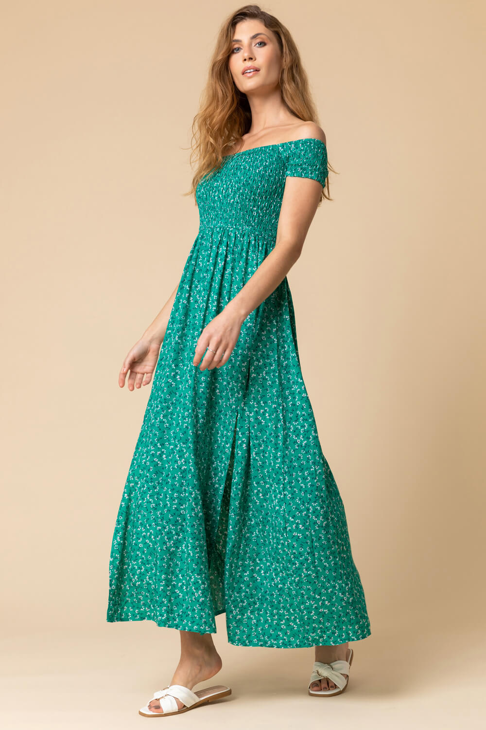 Green Shirred Ditsy Floral Print Bardot Dress, Image 3 of 4