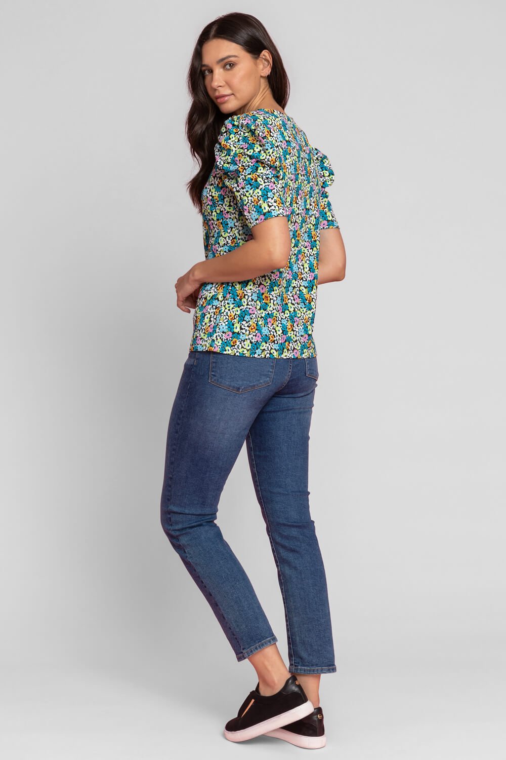 Turquoise Floral Print Puff Sleeve T-Shirt, Image 4 of 5