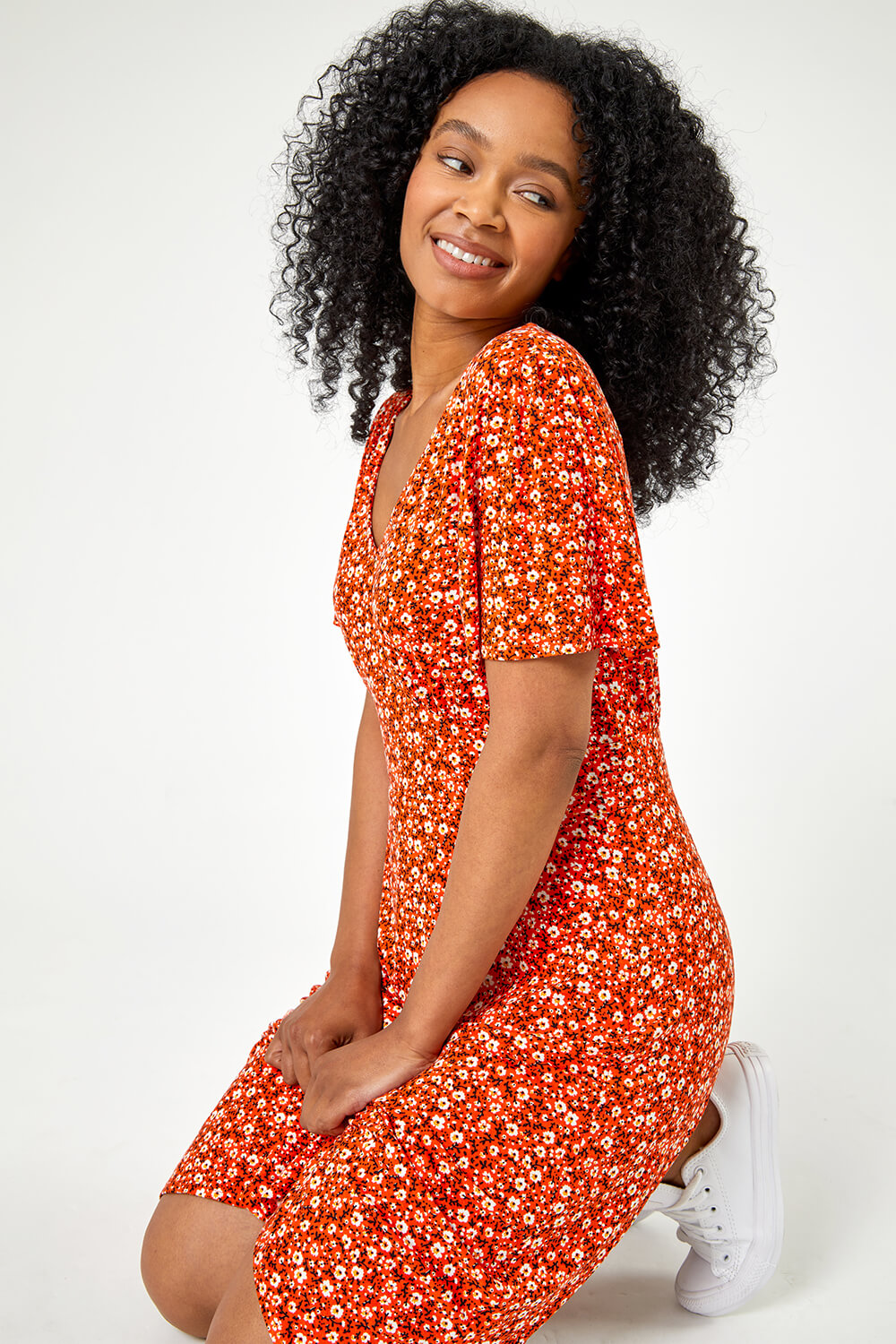 Red Petite Floral Print Stretch Jersey Dress, Image 5 of 5