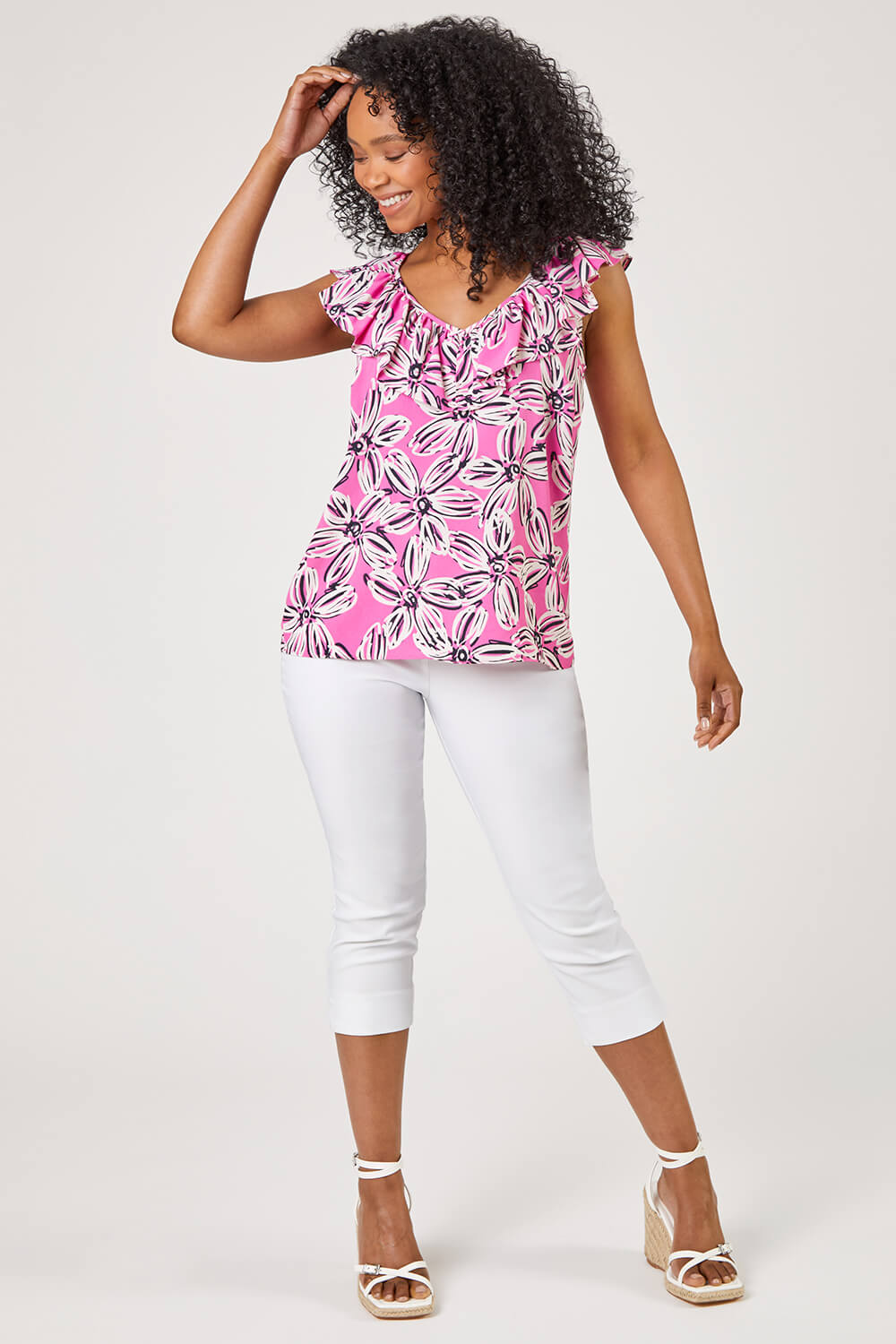 PINK Petite Floral Print Frill Detail Top, Image 3 of 6