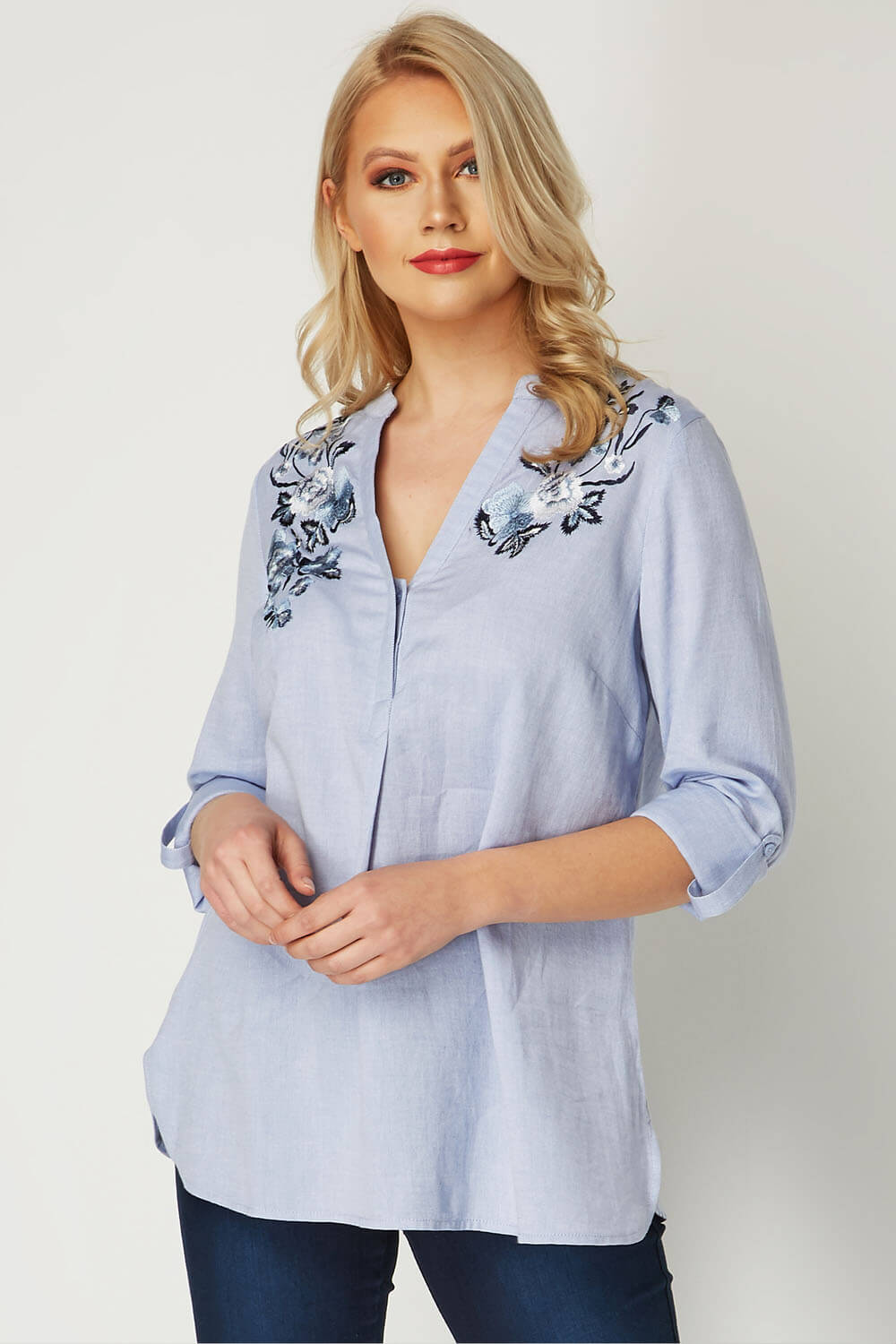 Floral Embroidered Shirt in Blue - Roman Originals UK