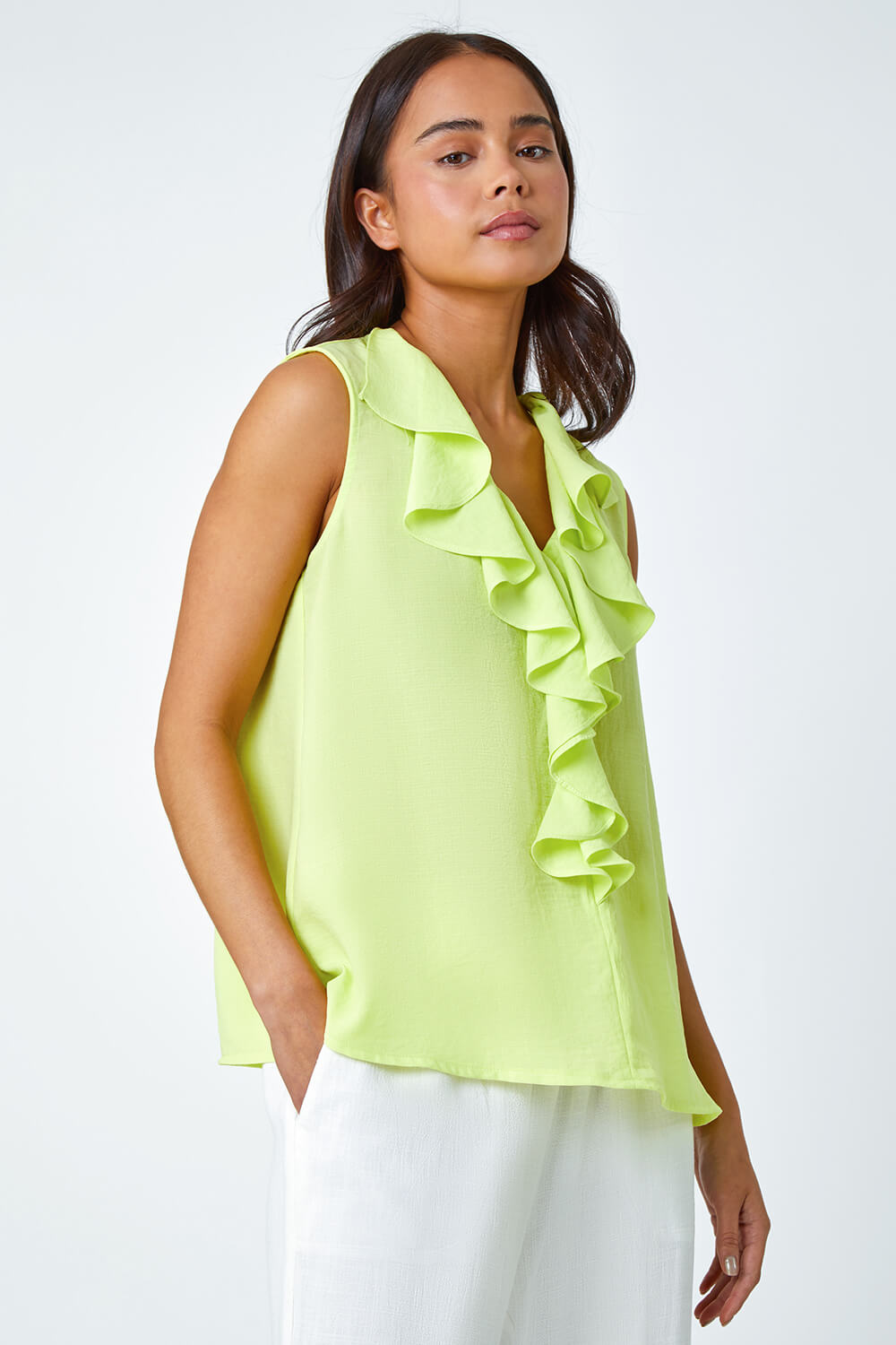 Lime Petite Frill Front Vest Top, Image 4 of 7