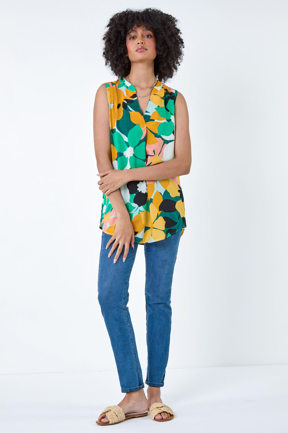 Green Contrast Floral Print Sleeveless Blouse, Image 4 of 5