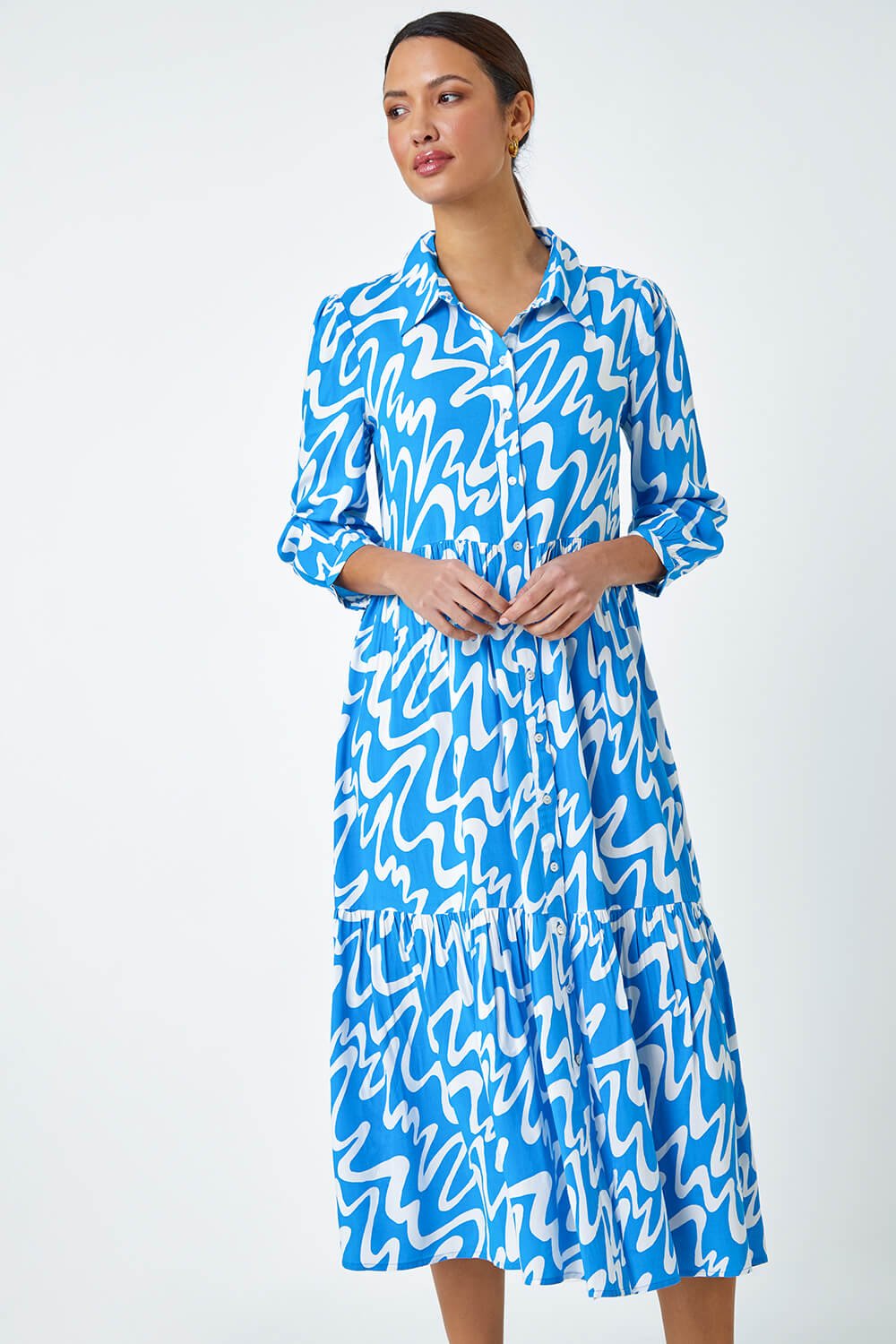 Turquoise Wave Print Tiered Shirt Dress, Image 2 of 5