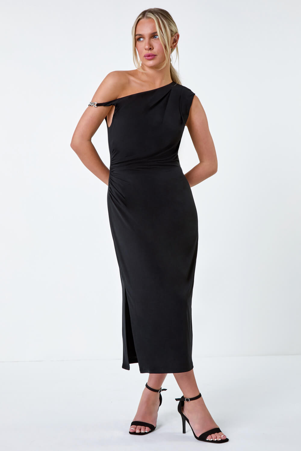 Black Petite Twist Detail Ruched Stretch Dress, Image 2 of 5