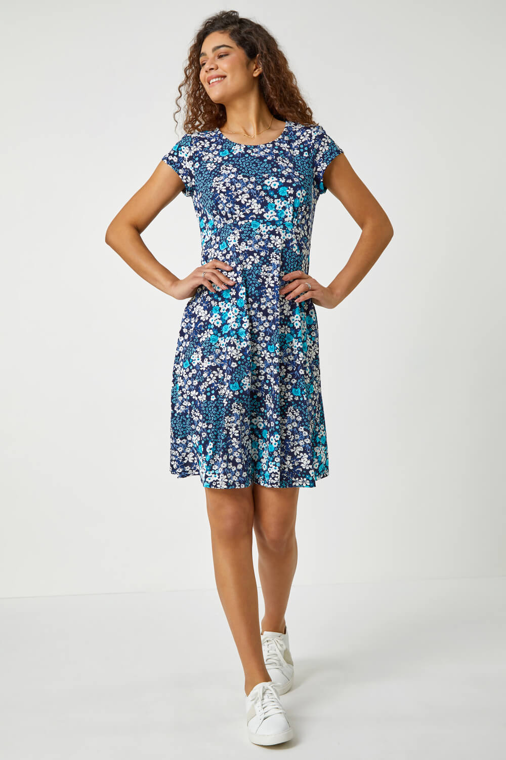 Blue Textured Floral Print Tea Dress, Image 2 of 5