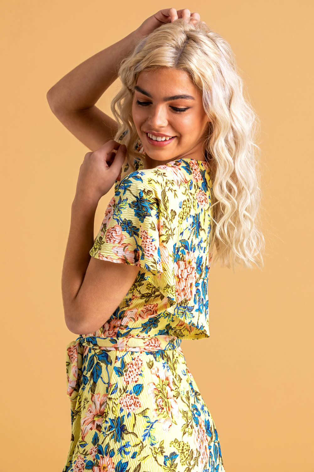 Yellow Floral Frill Sleeve Belted Dress, Image 2 of 5