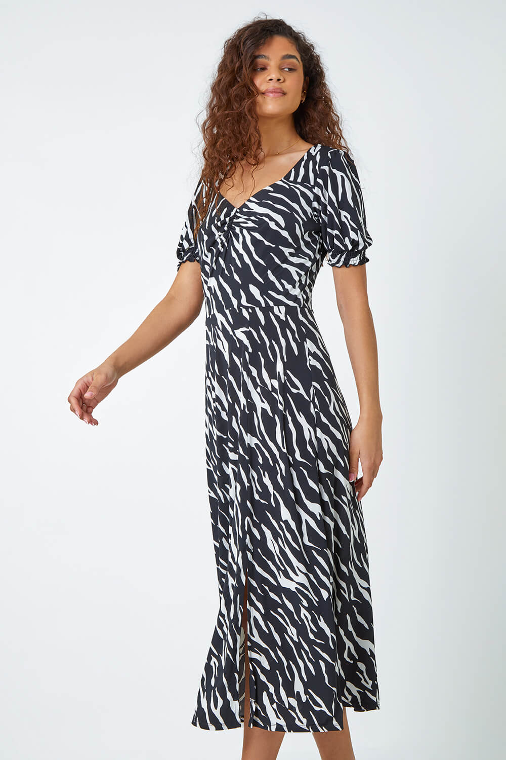 Black Zebra Print Stretch Ruched Midi Dress, Image 2 of 5