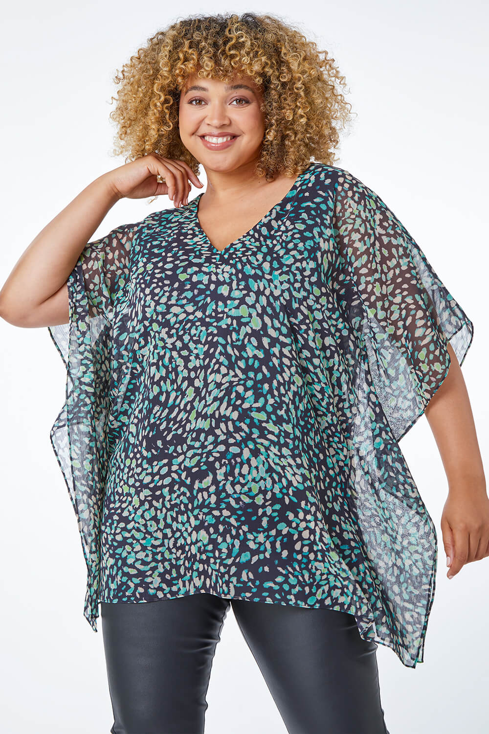 Curve Ditsy Print Chiffon Top in Green - Roman Originals UK