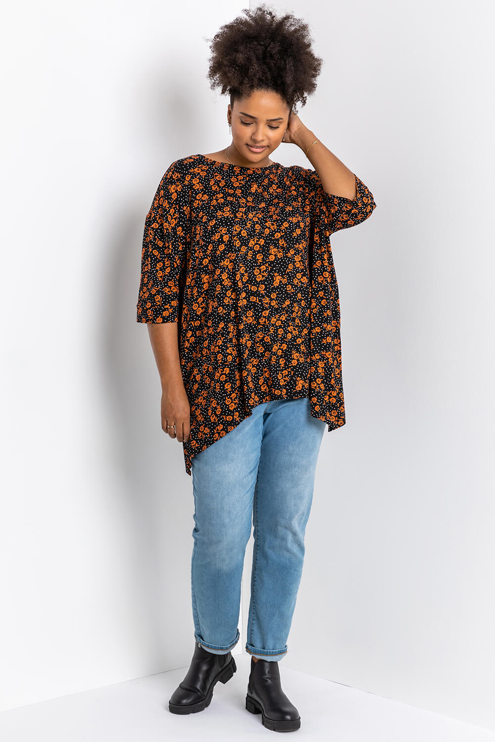 Rust Curve Ditsy Floral Print Tunic Top, Image 2 of 4