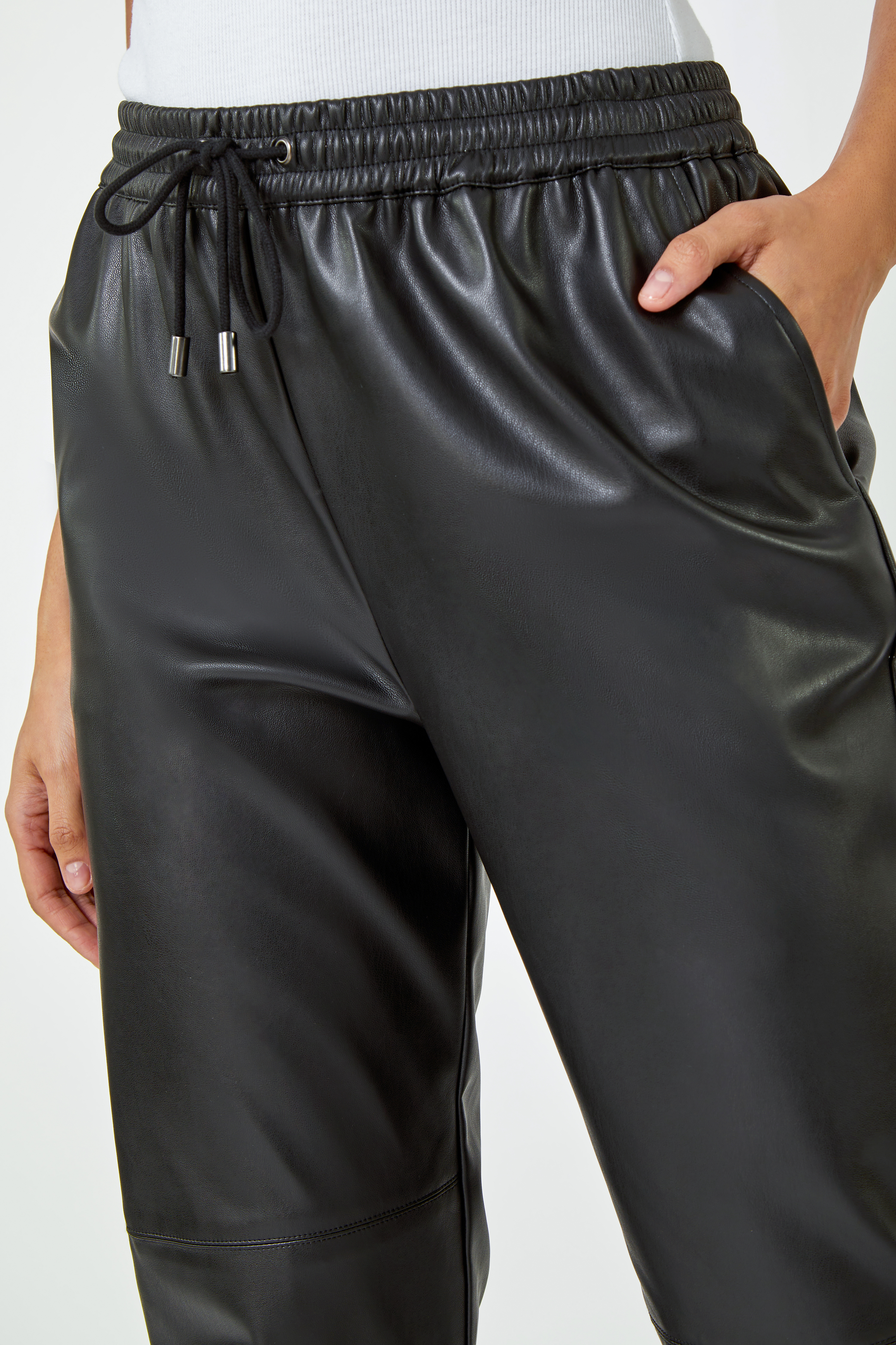 Black Faux Leather Cuffed Joggers , Image 5 of 5