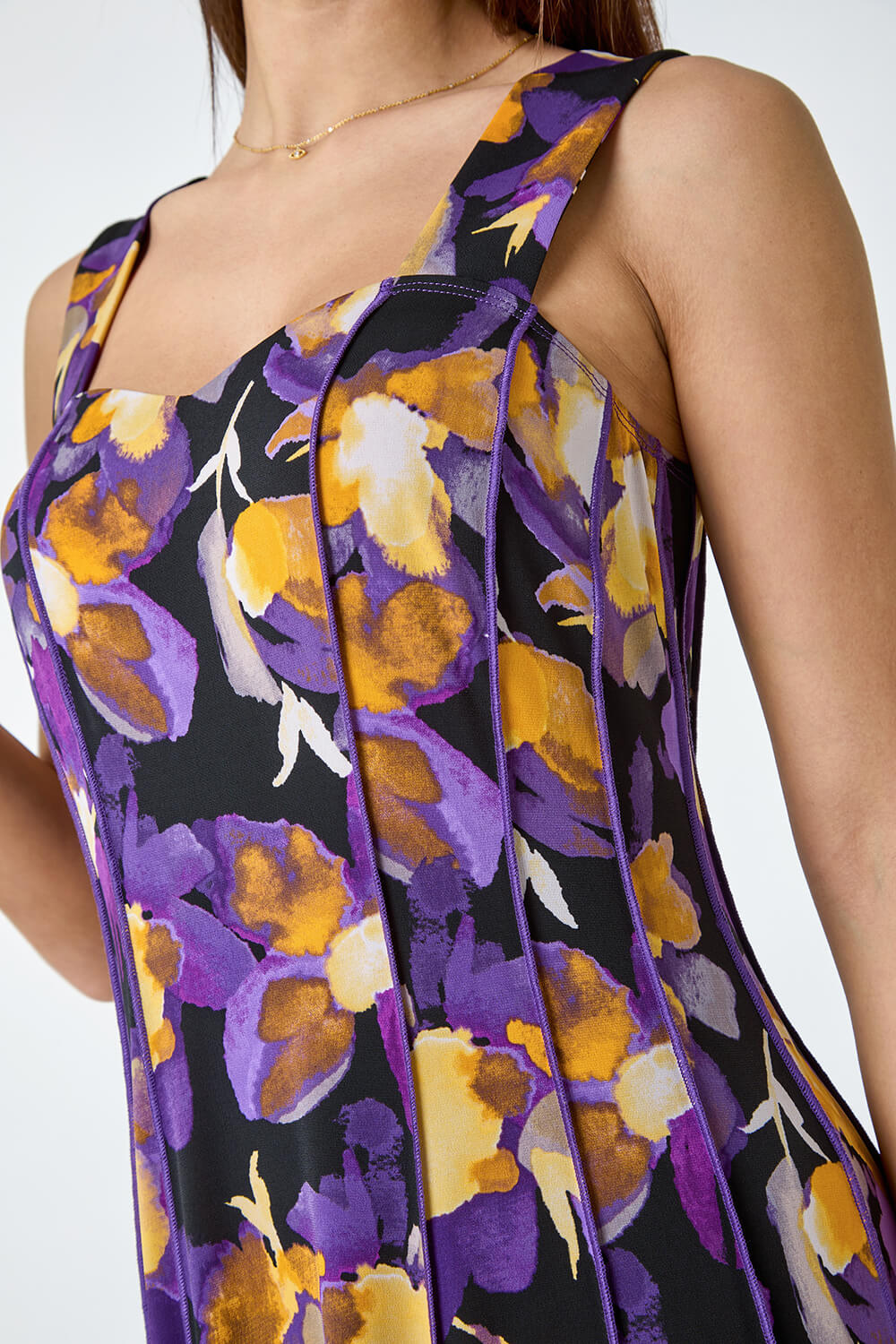 Purple Abstract Floral Print Stretch Panel Dress, Image 5 of 5
