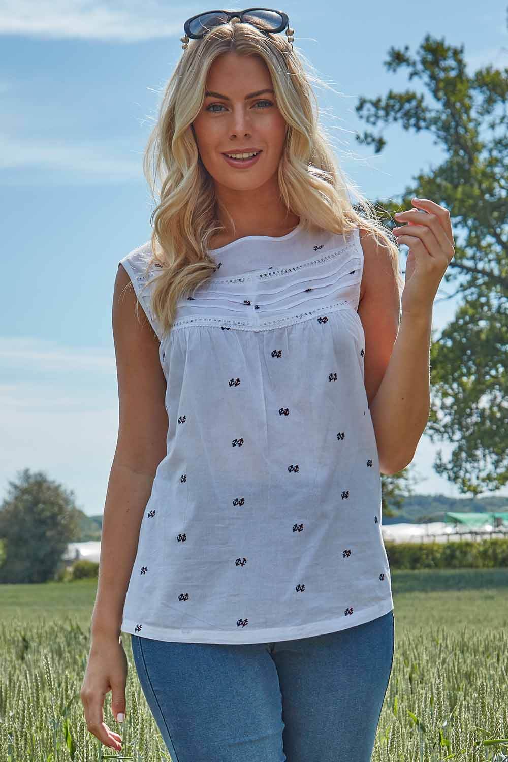 Anchor Embroidered Round Neck Shell Top