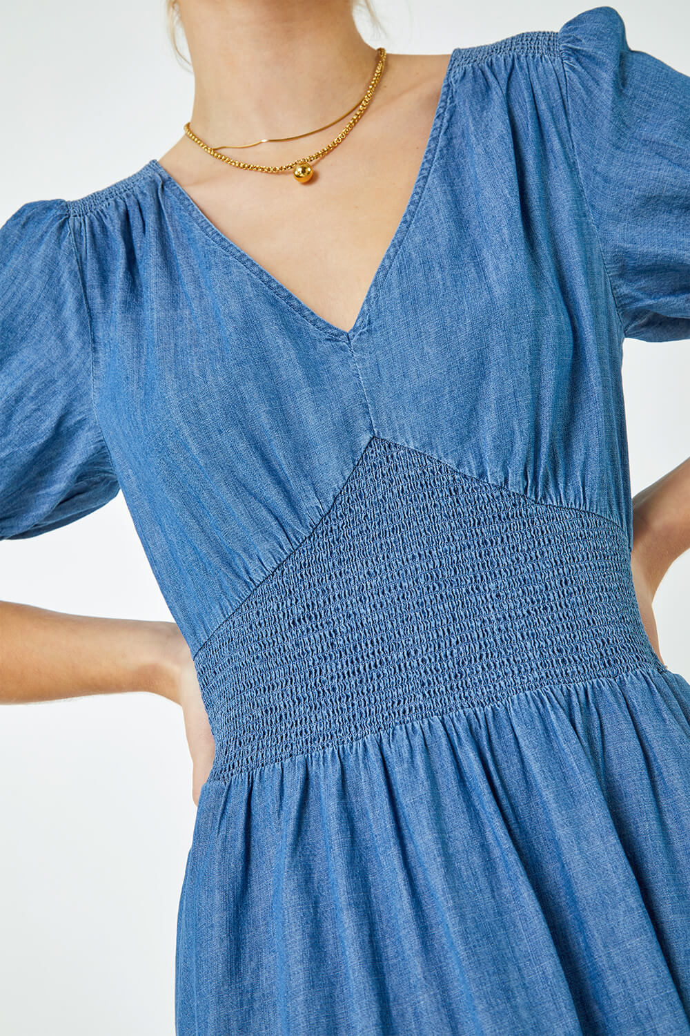 Denim Shirred Waist Pocket Midi Dress, Image 5 of 5