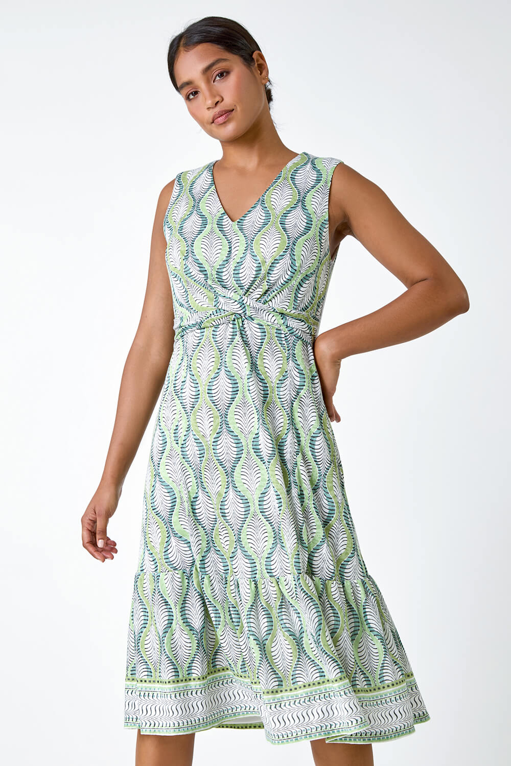 Green Twist Front Leaf Print Stretch Dress, Image 2 of 5
