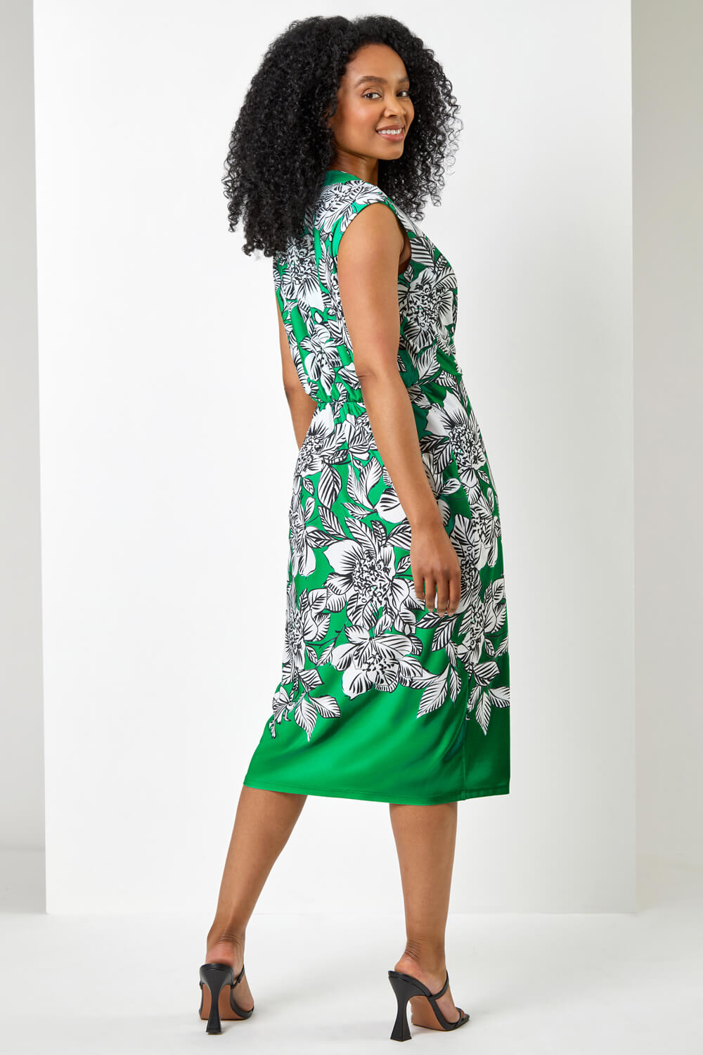 Green Petite Floral Ruched Wrap Dress, Image 2 of 5