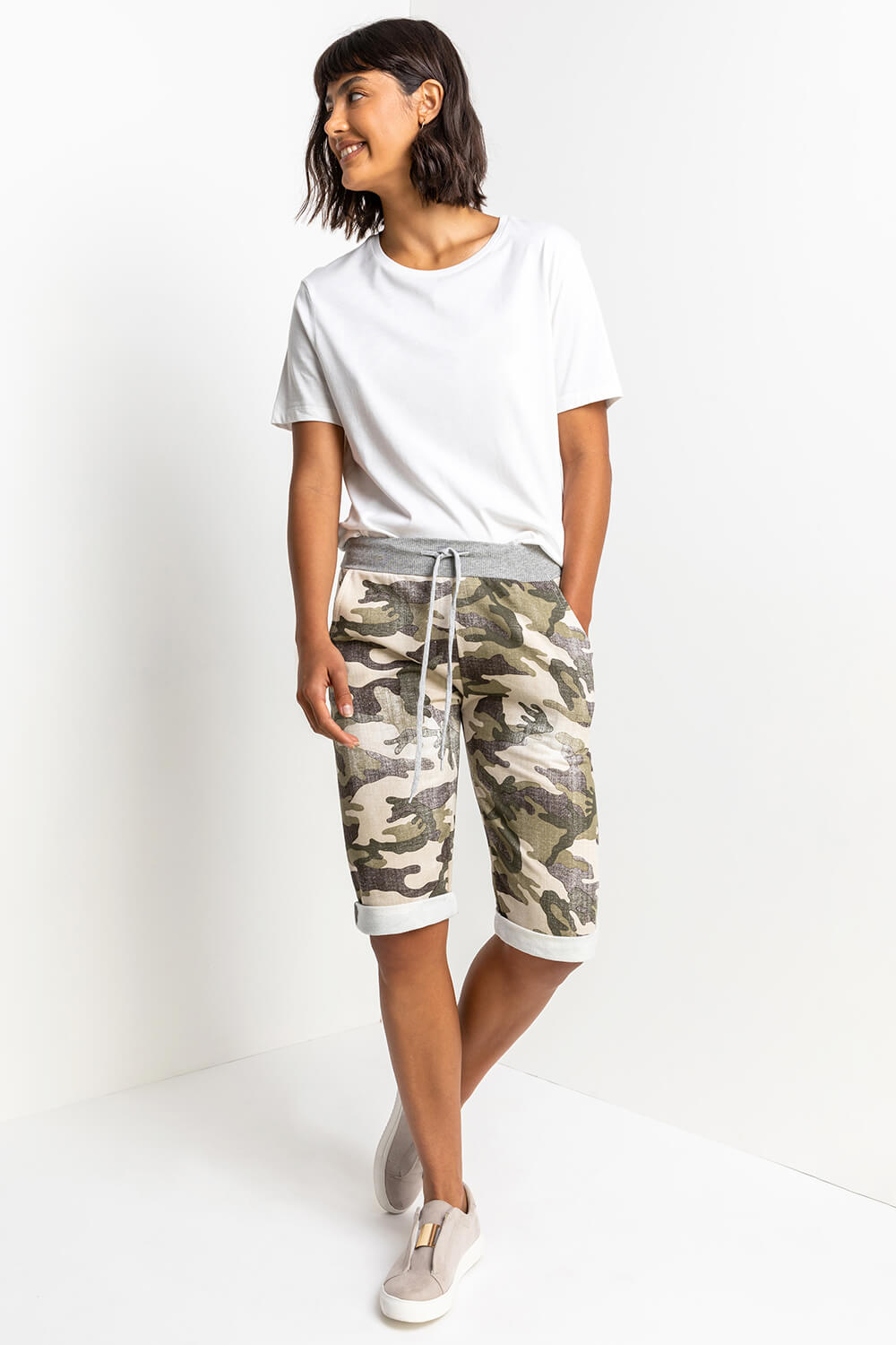 Pale Green Camo Print Jersey Shorts, Image 2 of 5