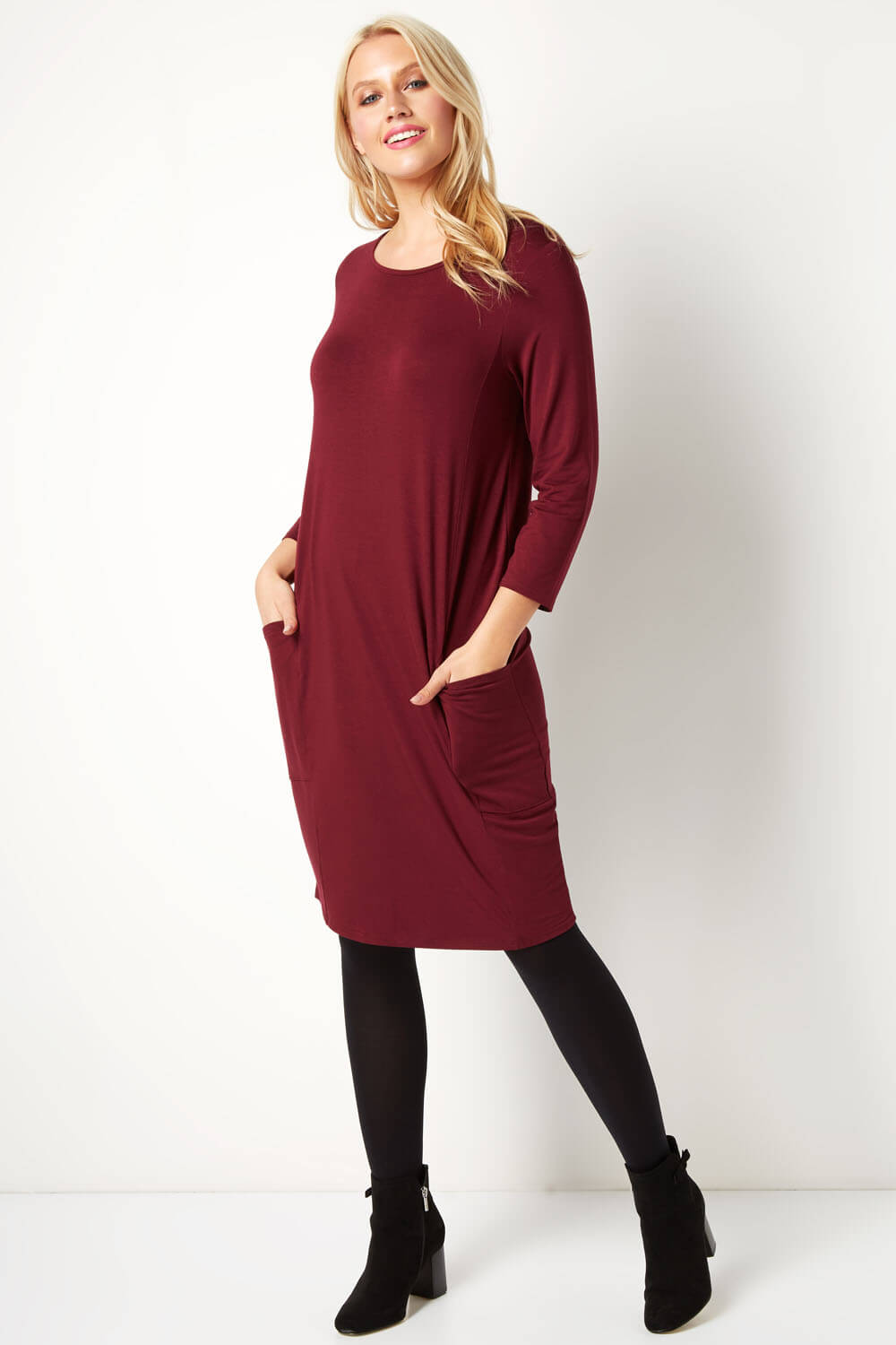 3/4 Sleeve Slouch Dress in Wine - Roman Originals UK