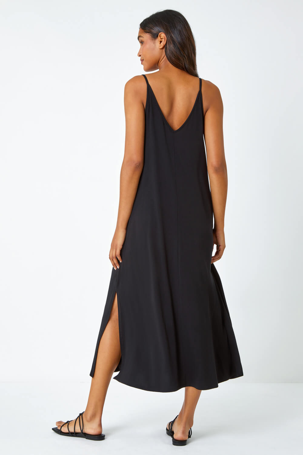 Black Plain Stretch Jersey Pocket Midi Dress, Image 3 of 5