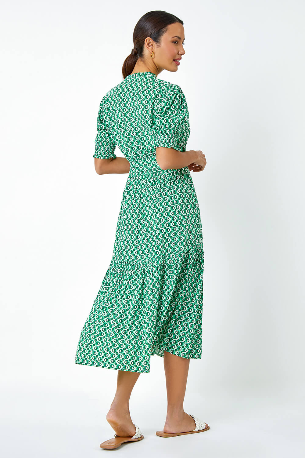 Green Geometric Tiered Belted Midi Dress, Image 3 of 5