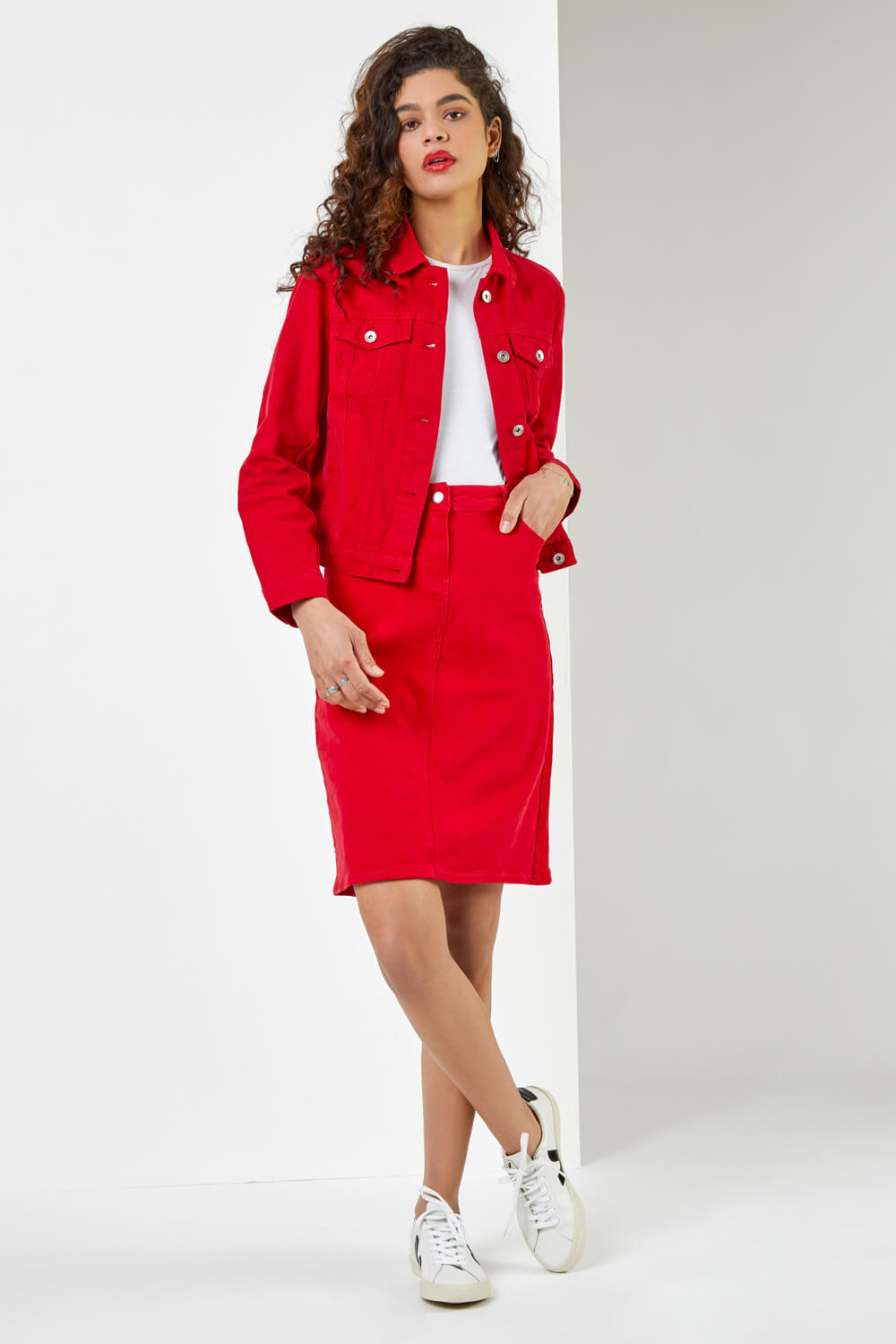 Red Cotton Denim Stretch Skirt, Image 3 of 5