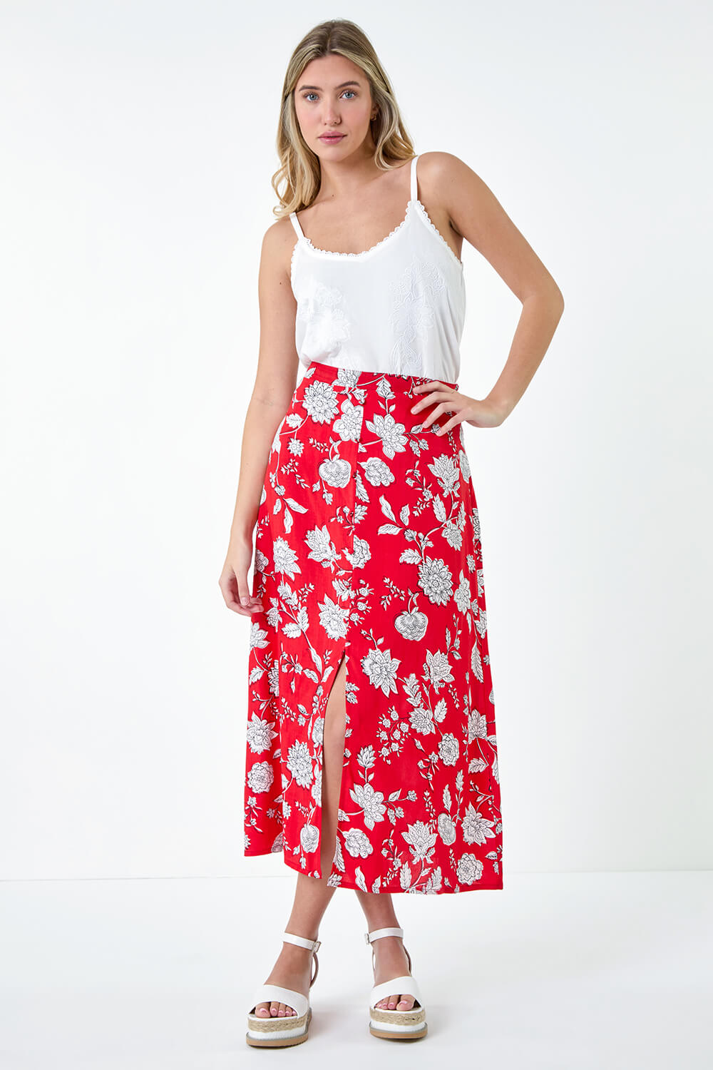 CORAL Floral Button Detail Midi Skirt, Image 3 of 5