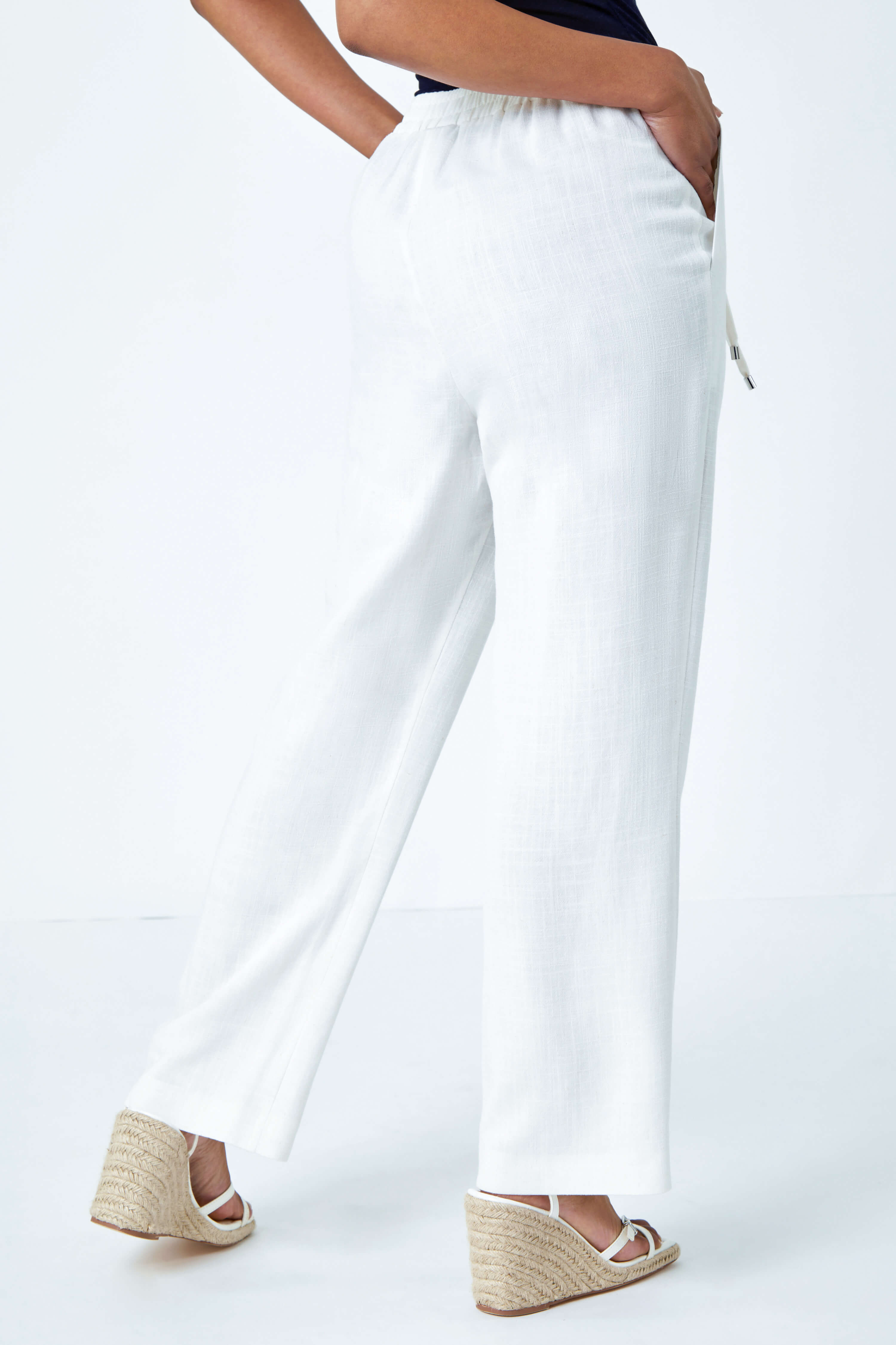 White Petite Wide Leg Linen Blend Trouser , Image 3 of 5