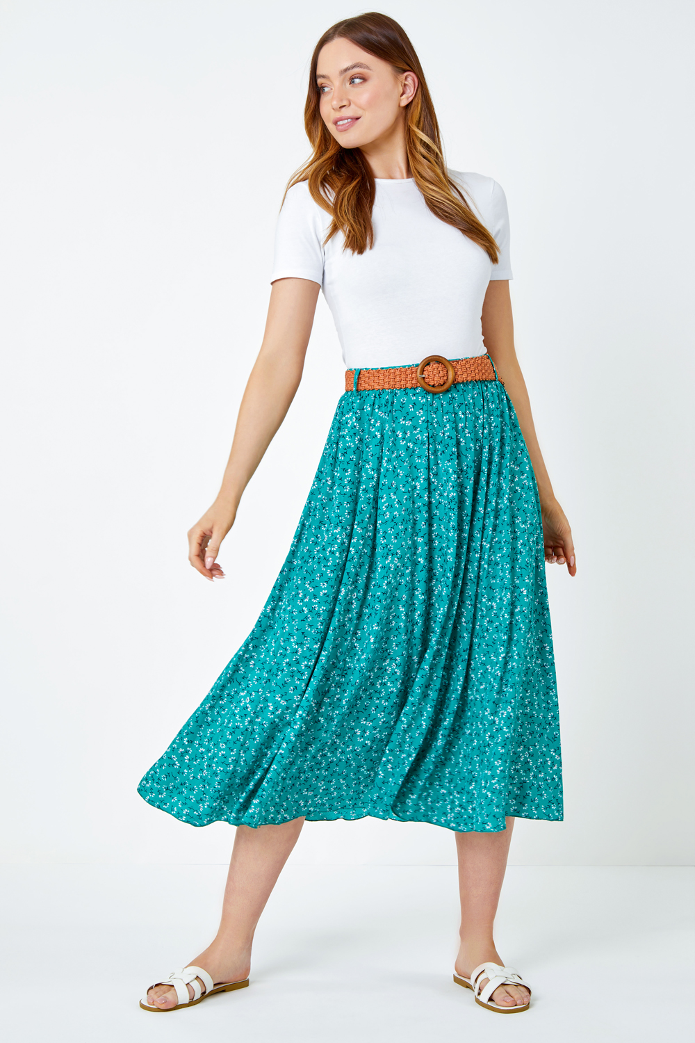 Green Ditsy Floral Print Belted Midi Skirt, Image 2 of 5