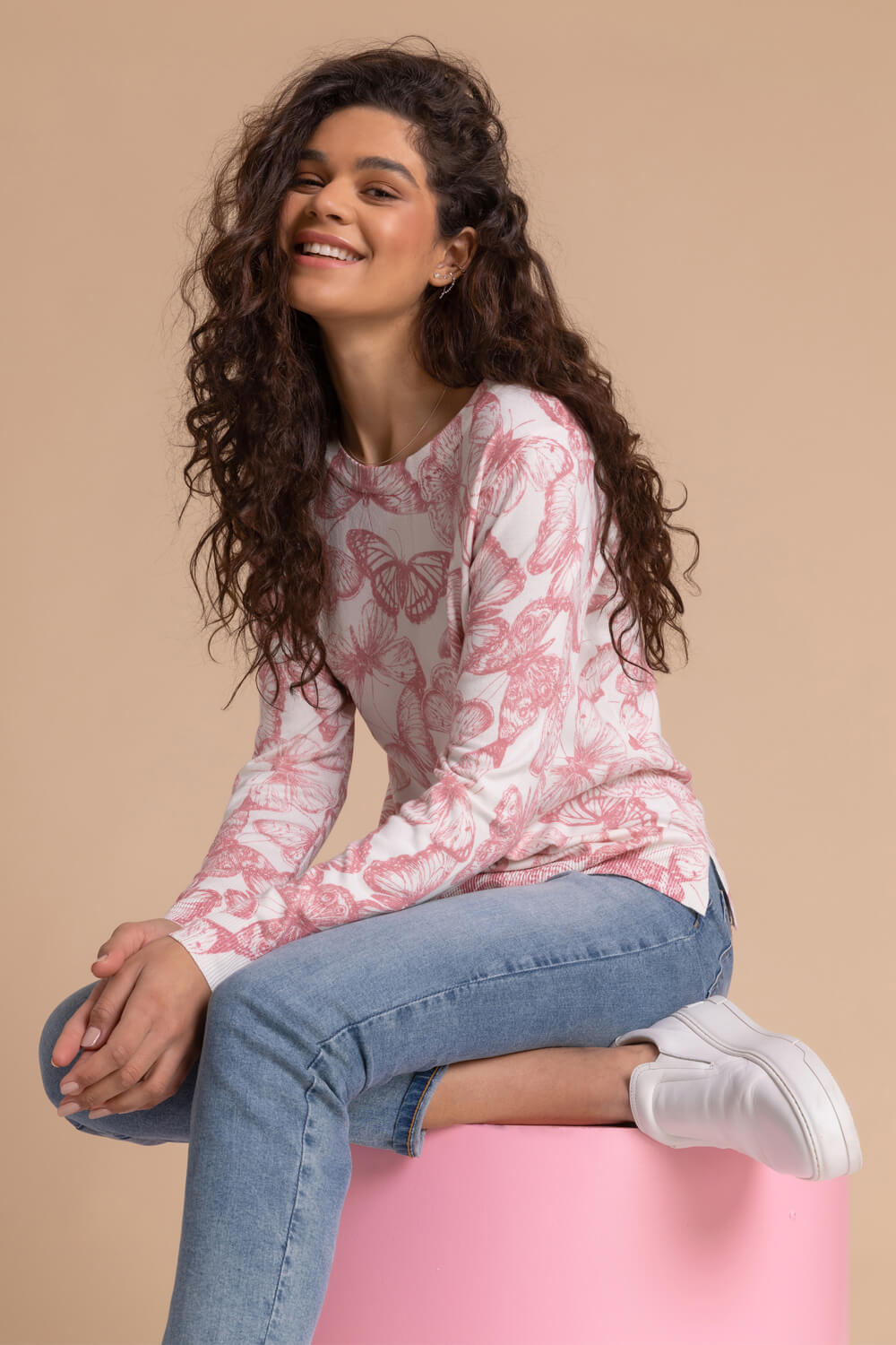 Light Pink Butterfly Print Crew Neck Jumper, Image 5 of 5