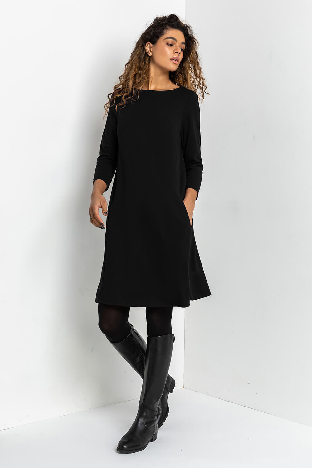 A-Line Pocket Detail Swing Dress in Black - Roman Originals UK