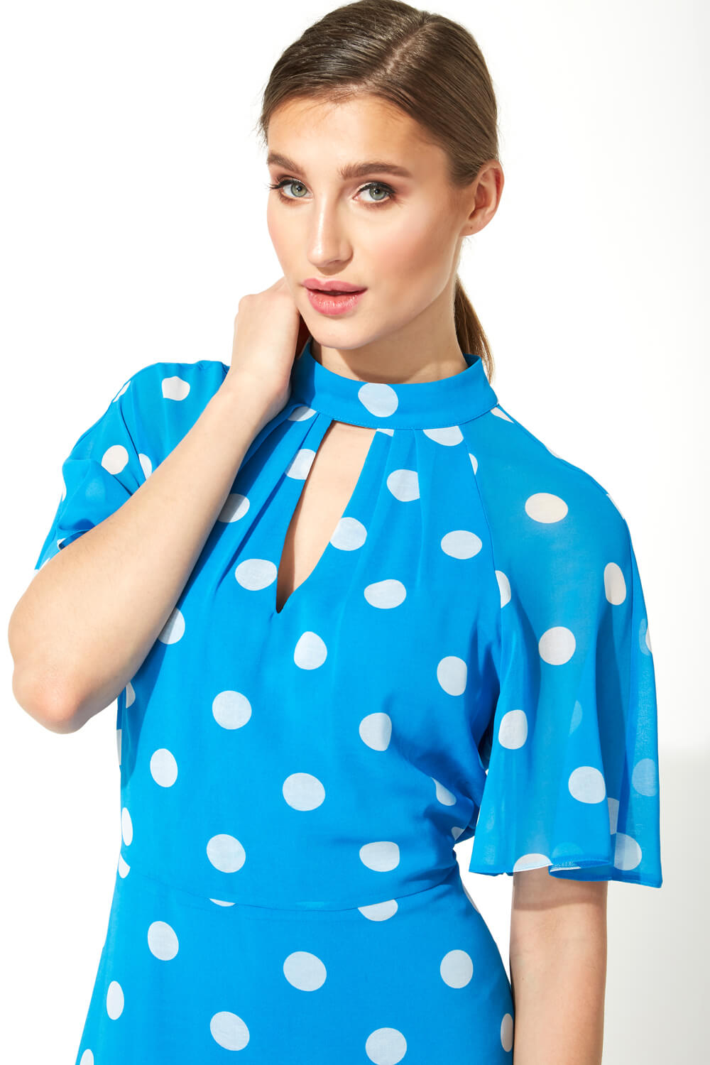 Blue High Neck Spot Midi Dress, Image 3 of 4